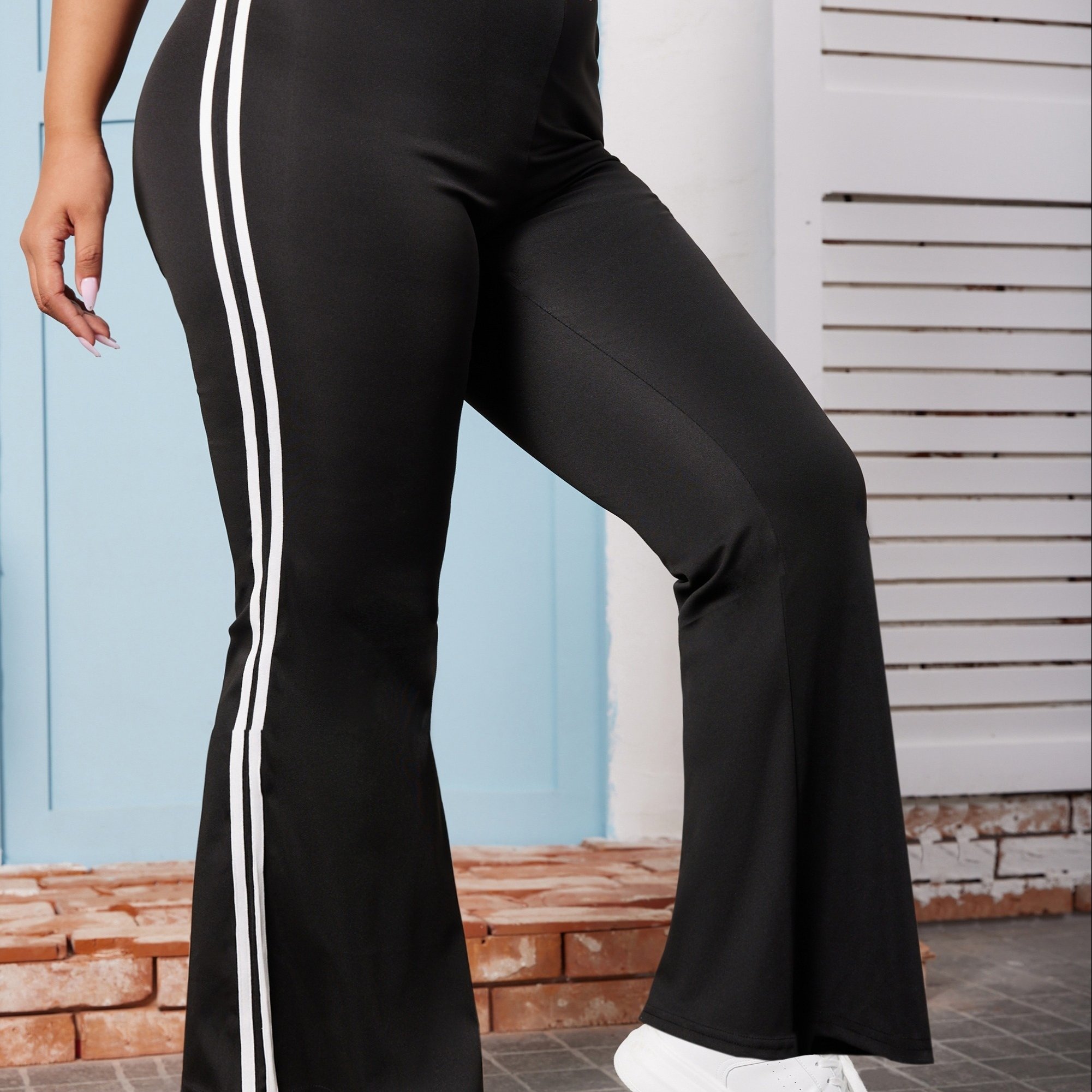 Plus Size Casual Pants Women's Plus Stripe Side High - Temu Germany