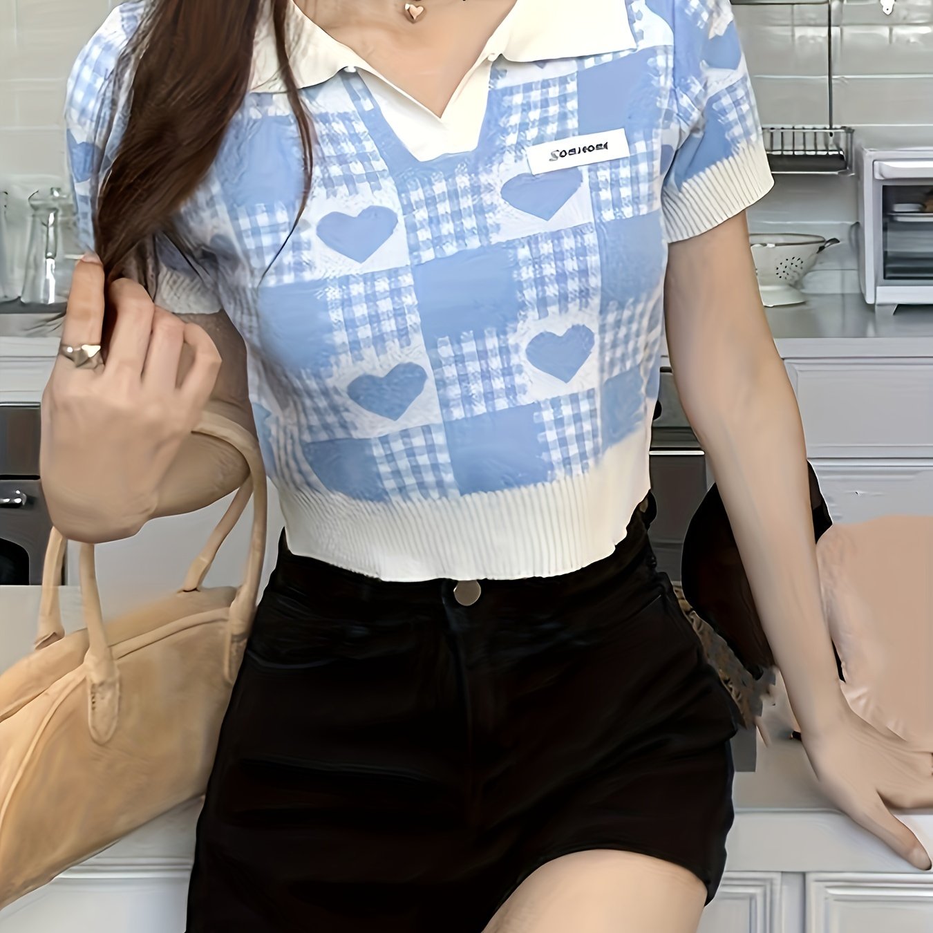 E-shop Karierte Kurzarm-Pullover für Damen, Sommer Kurzoberteil Design, süßes, altersreduzierendes Polo-Shirt