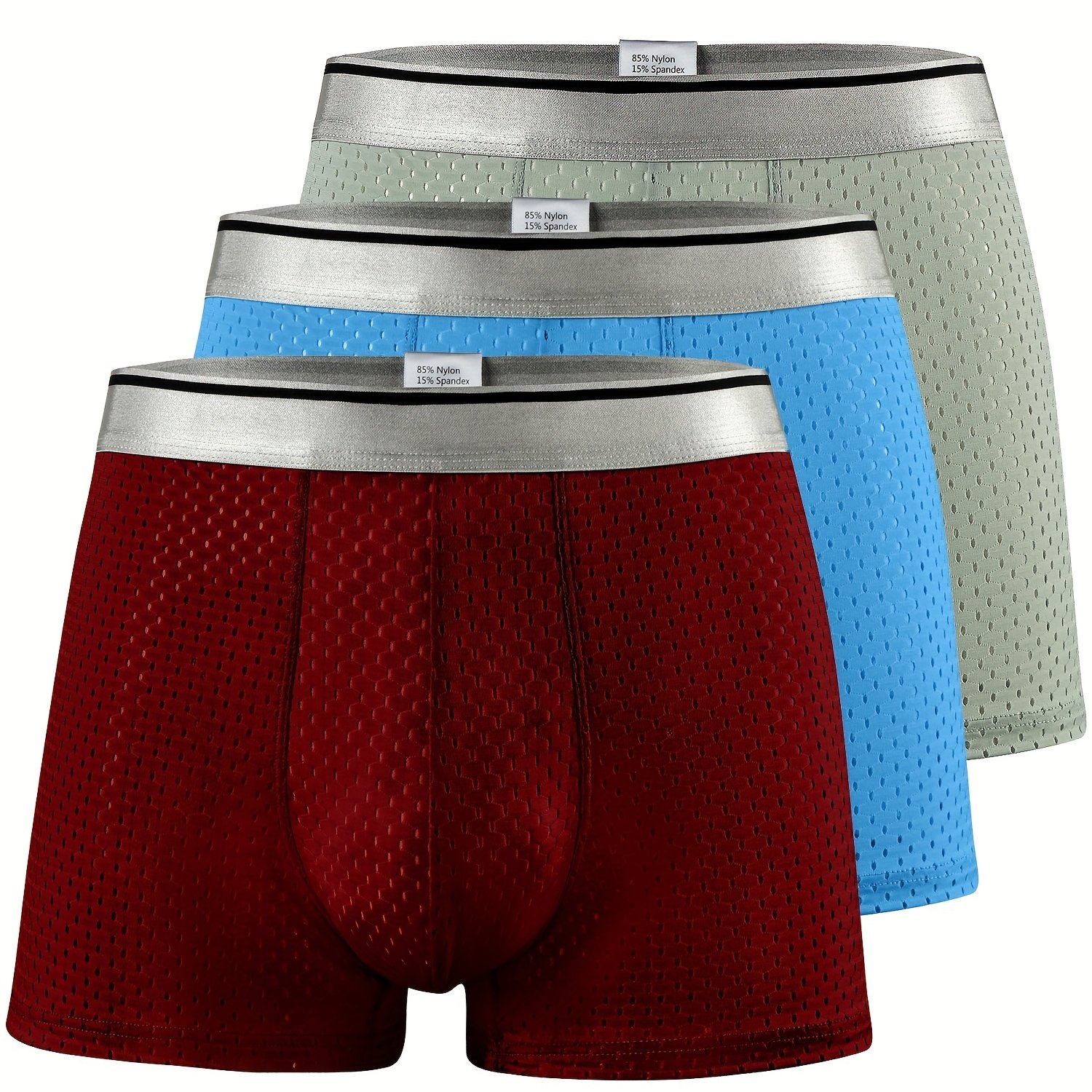 Image of Set Of 3 Men's Boxer Shorts In Dark Red, Sky Blue, And Gray-green, Made Of Breathable With A Honeycomb Mesh Design, Plus Size