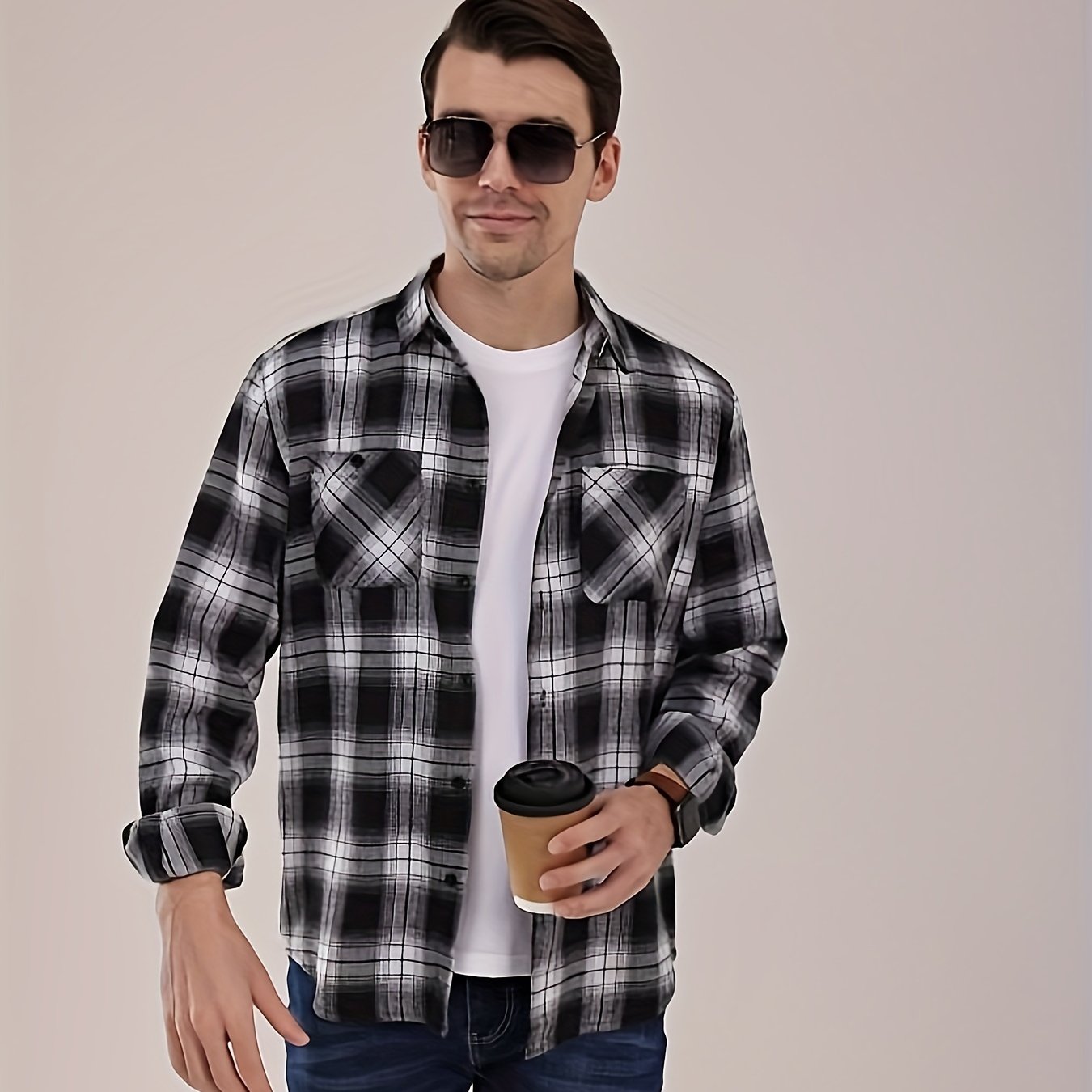 Plaid Pattern Lapel Neck Long Sleeve Shirt, Men's Mature Button Down Regular Plaid Flannel Lapel Collar Outfits Casual Shirt,Black