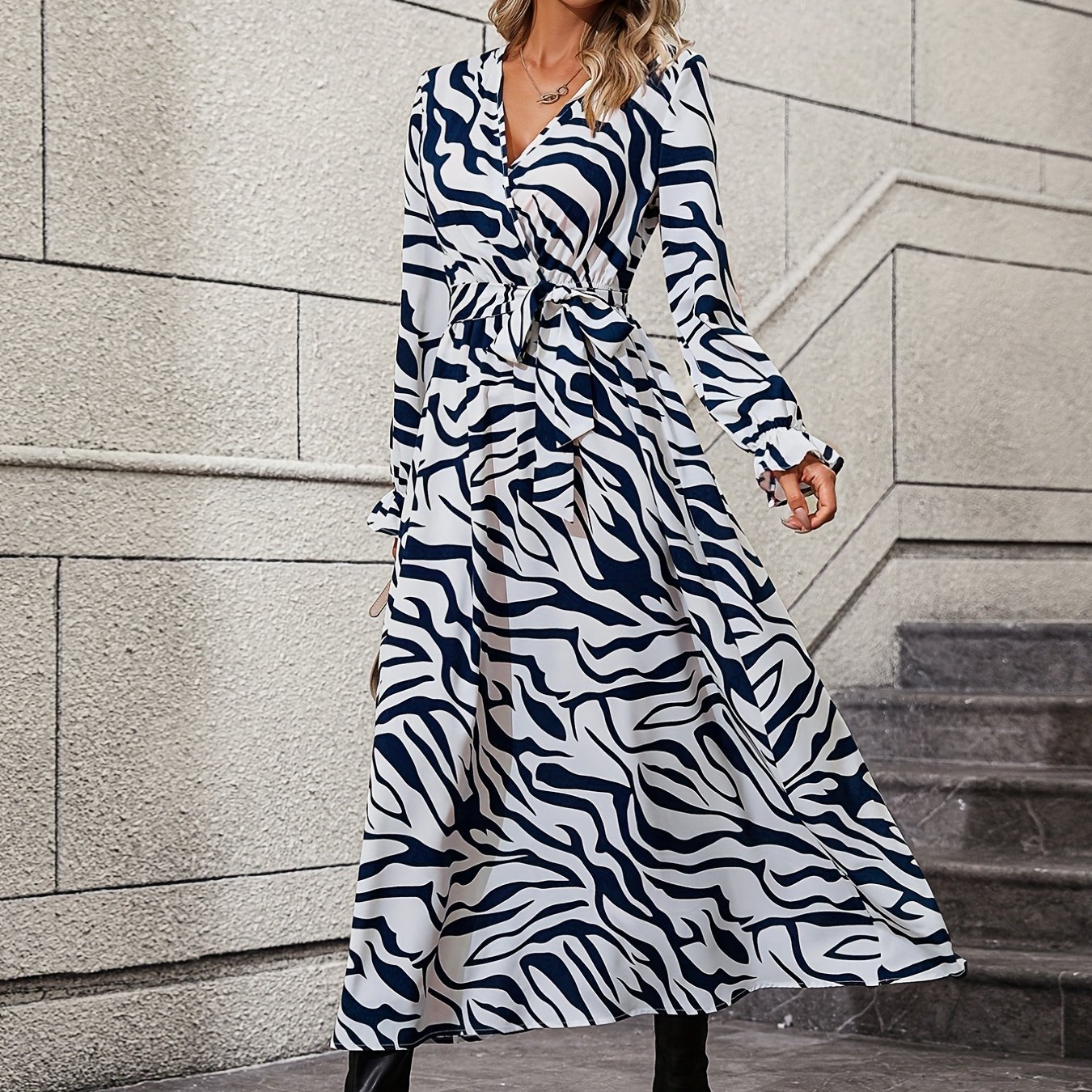zebra print maxi dress casual v neck long sleeve dress - Temu