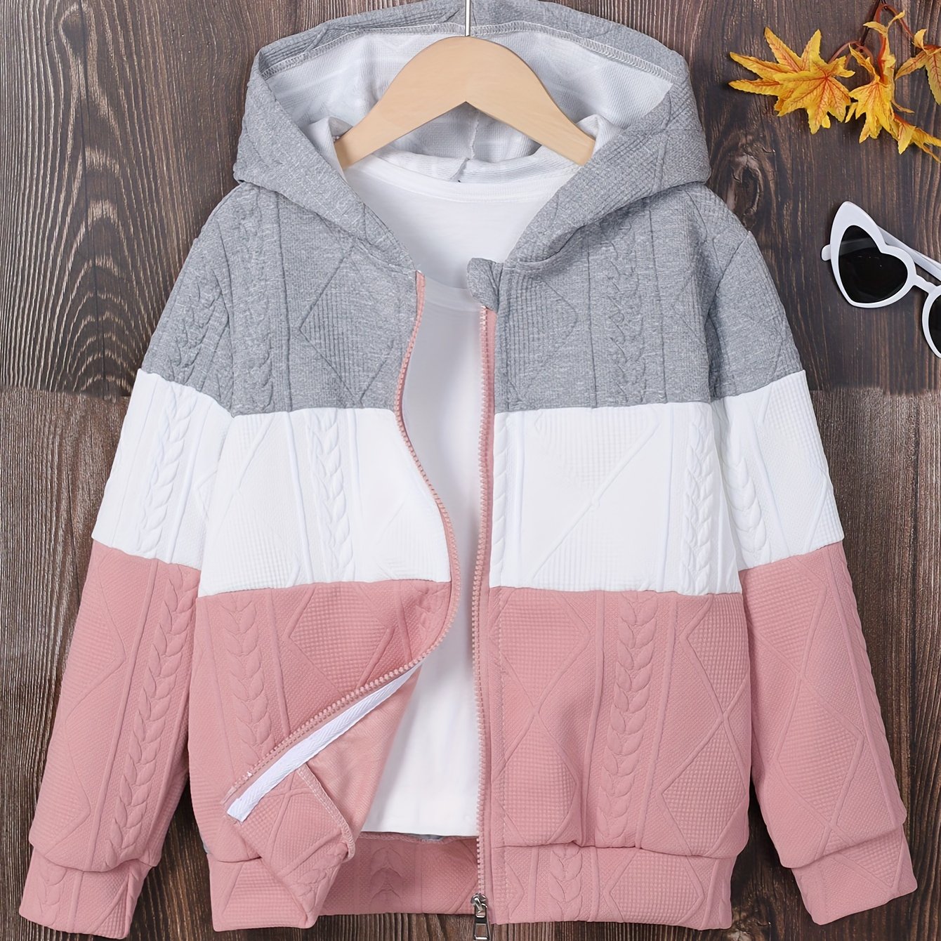 TEMU Kid/teen Girls Color Block Zipper Knitted Jacket Coat For Spring And Autumn