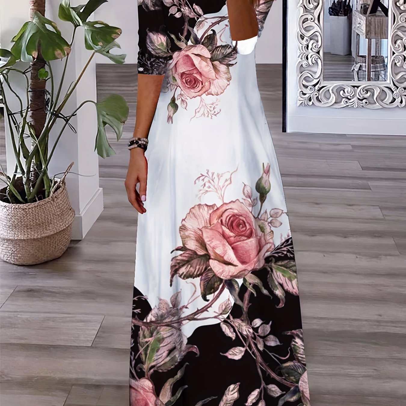 floral print 3 4 sleeve dress casual v neck maxi dress womens clothing