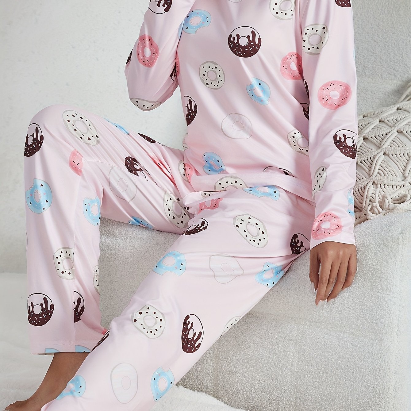 TEMU Valentine's Day Sweet Cartoon Donut Print Pajama Set, Long Sleeve Round Neck Top & Elastic Waistband Pajama Pants, Women's Sleepwear & Loungewear