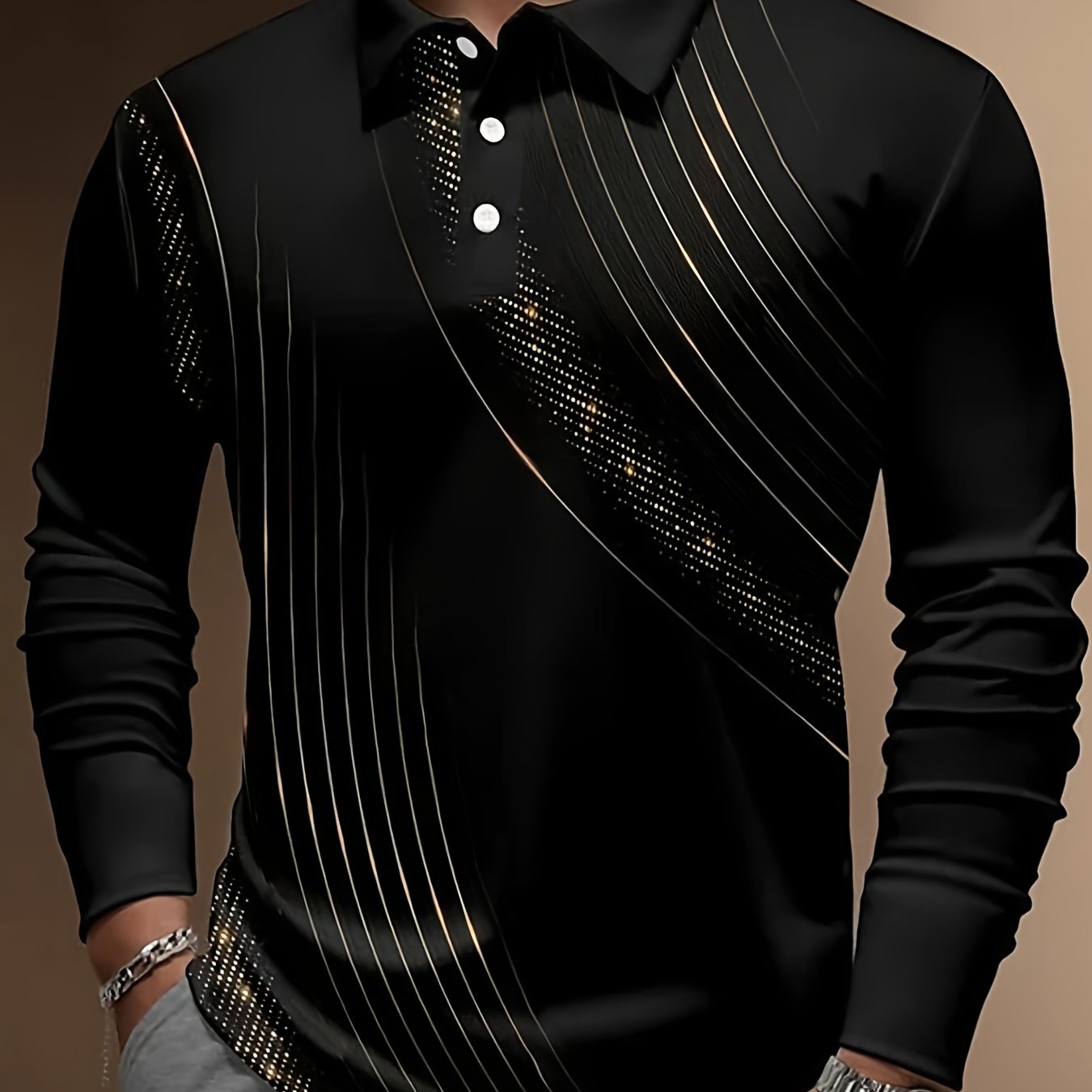 TEMU Cool Golden Stripe Pattern Men's Long Sleeve Shirt, Men's All-match Outdoor Spring Fall Clothing, Gift For Men