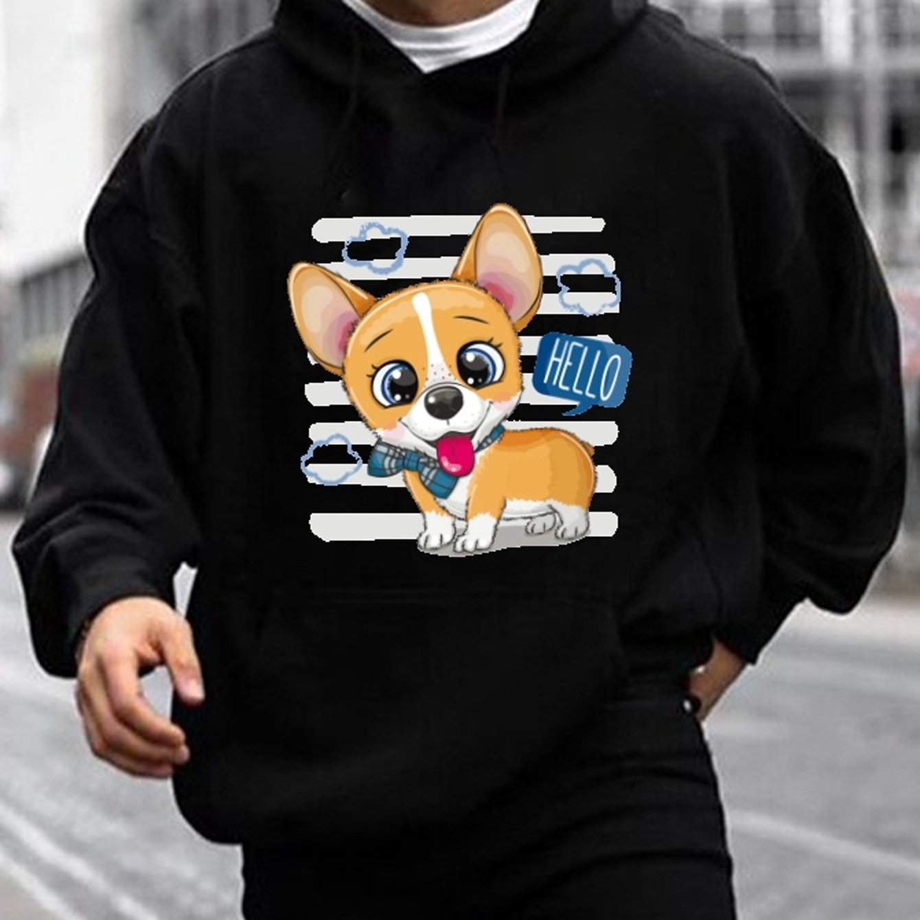 Less People Dogs Print Kangaroo Pocket Fleece Sweatshirt - Temu