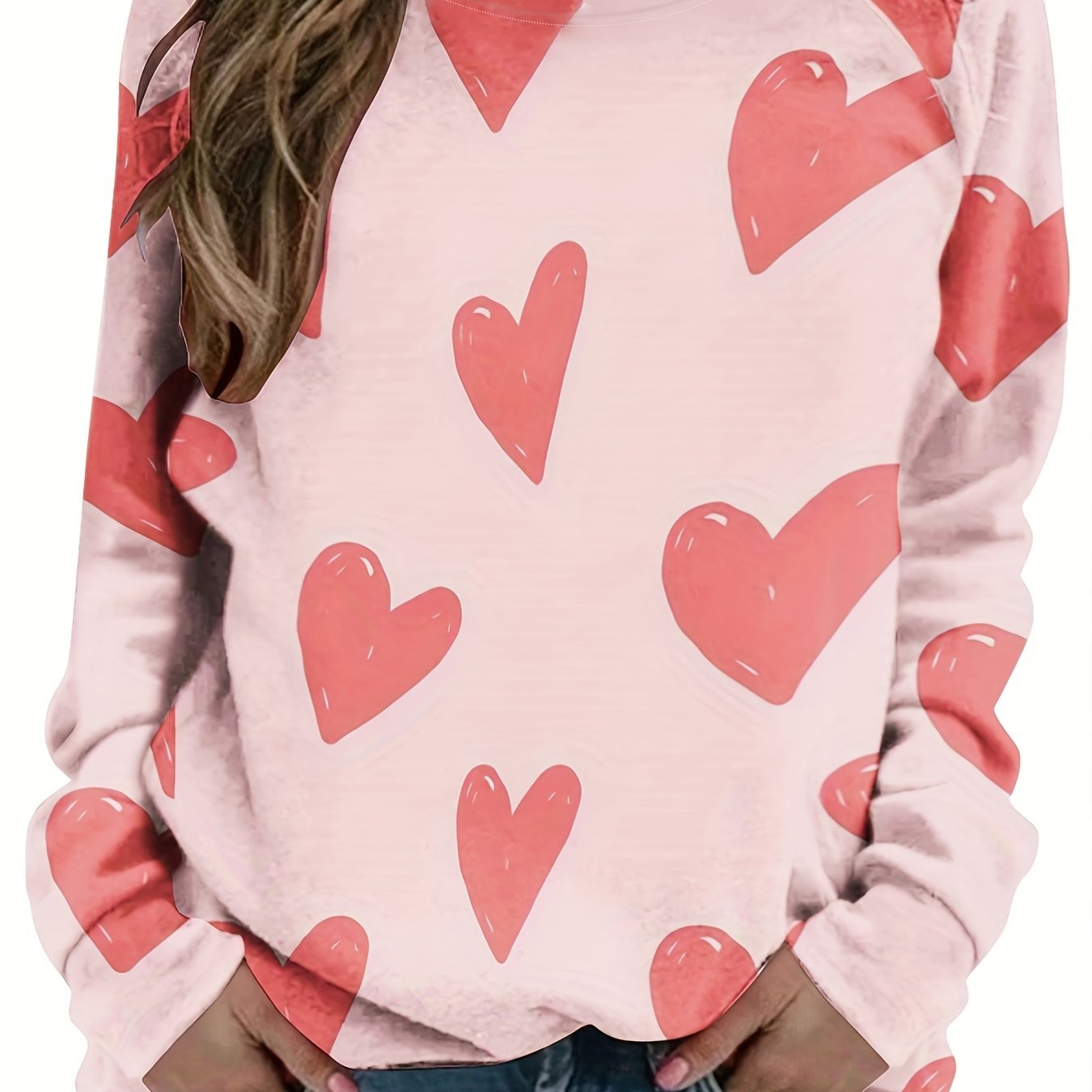 Heart Print Pullover Sweatshirt, Casual Long Sleeve Crew Neck Sweatshirt  For Spring & Fall, Women's Clothing - Temu Germany