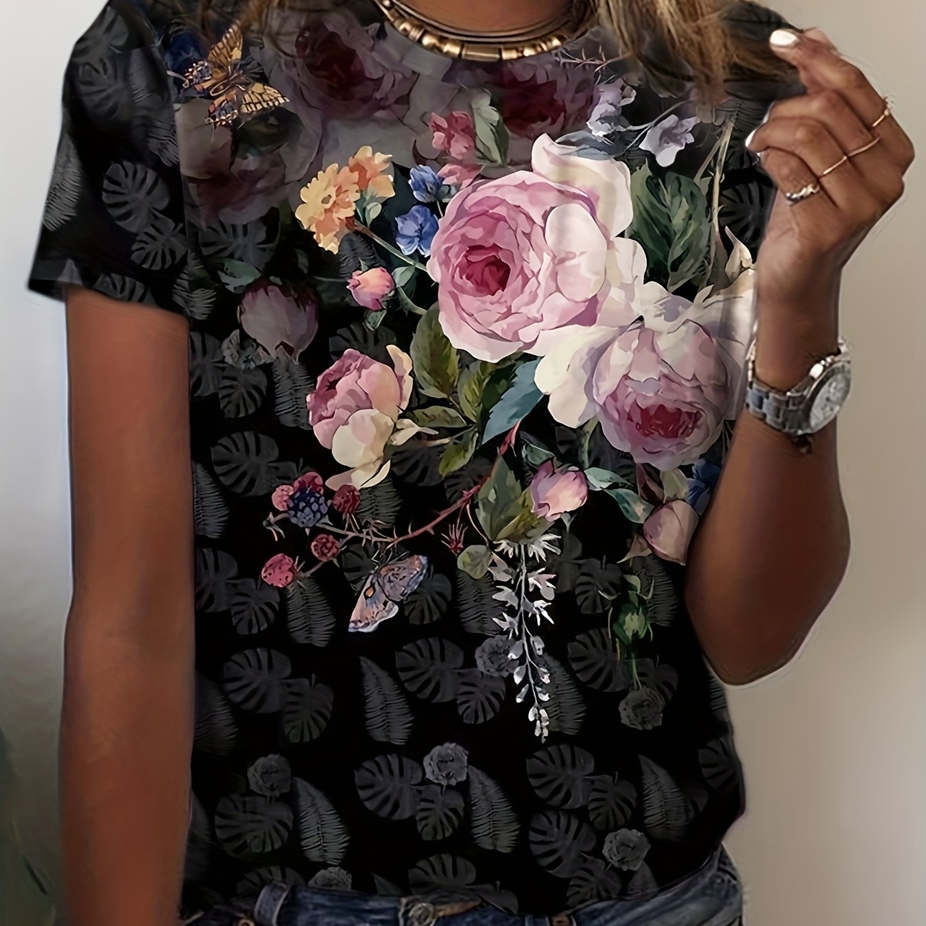 TEMU Floral Print Crew Neck T-shirt, Casual Short Sleeve T-shirt For , Women's Clothing