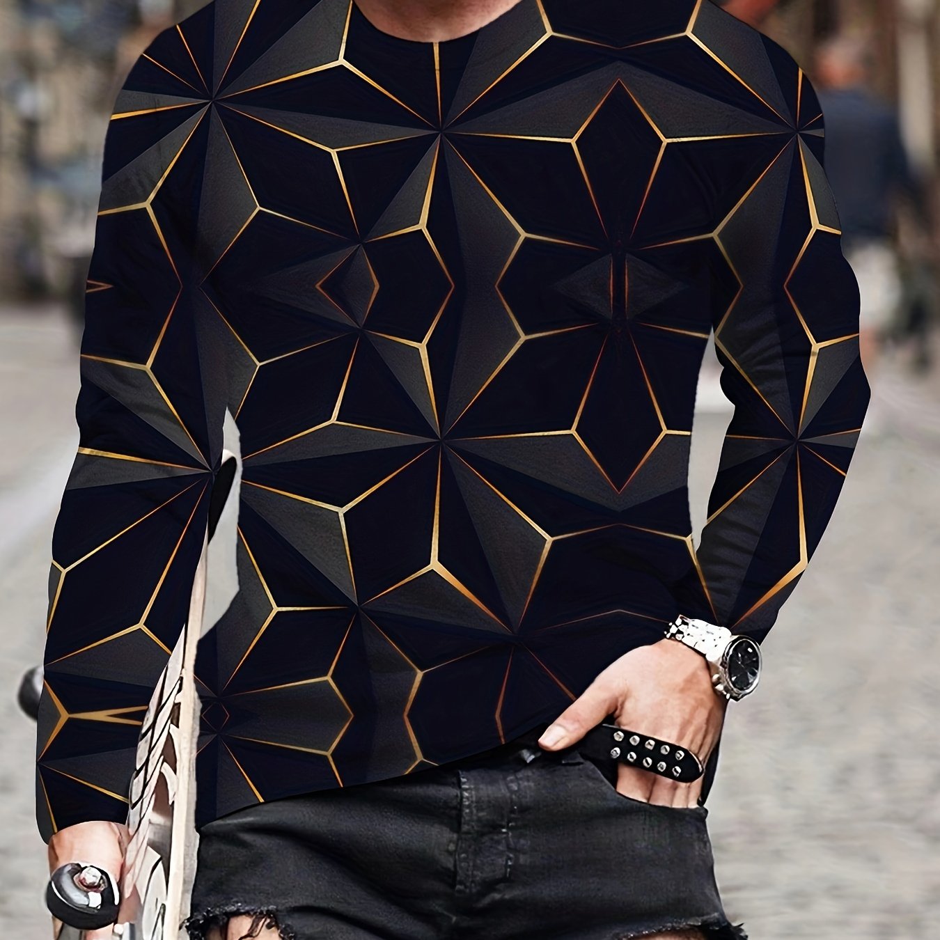 TEMU Dazzling 3d Geometric Print Men's Long Sleeve Fit Slim T-shirt, Spring Fall