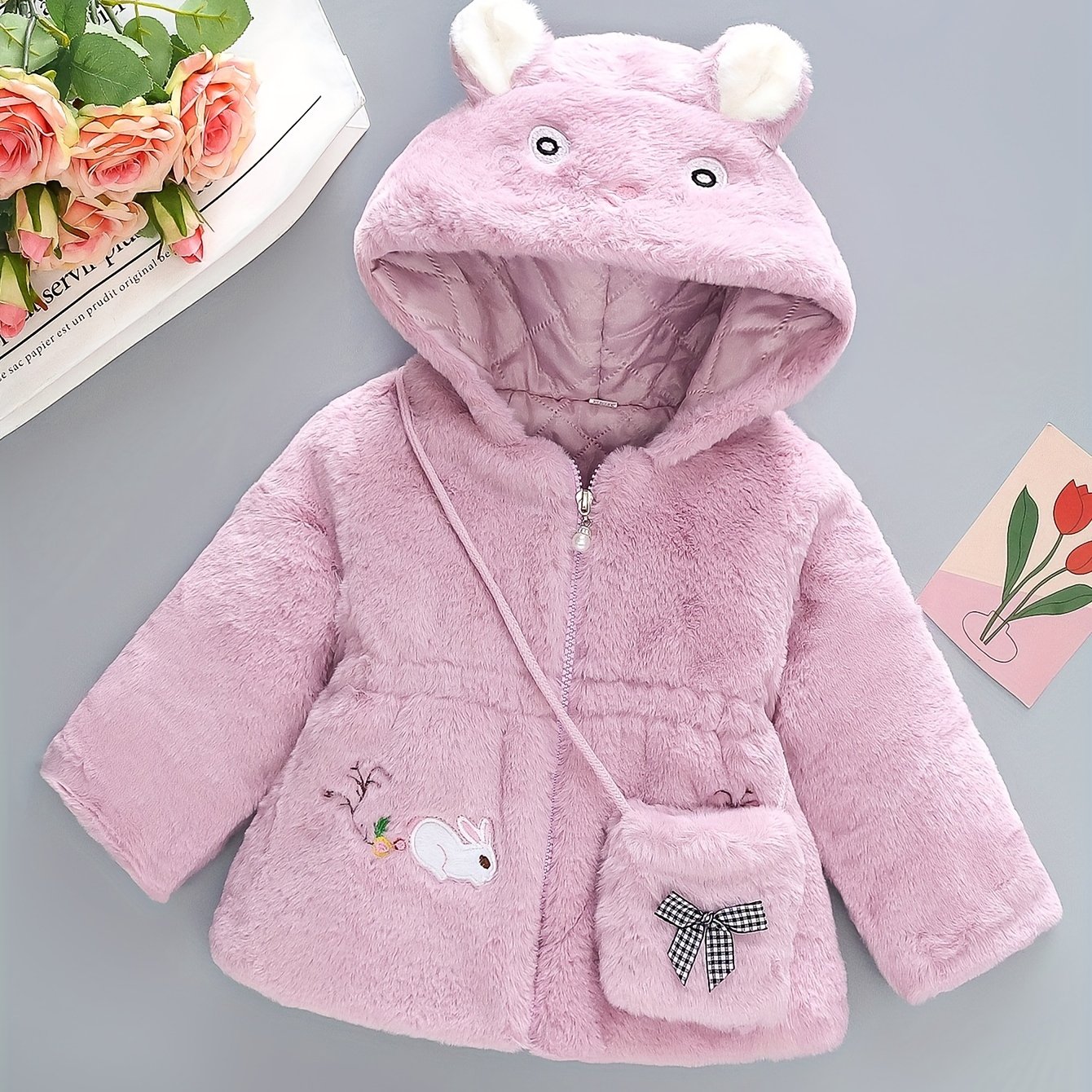 girls cute fleece hooded coat bag winter kids clothes Temu