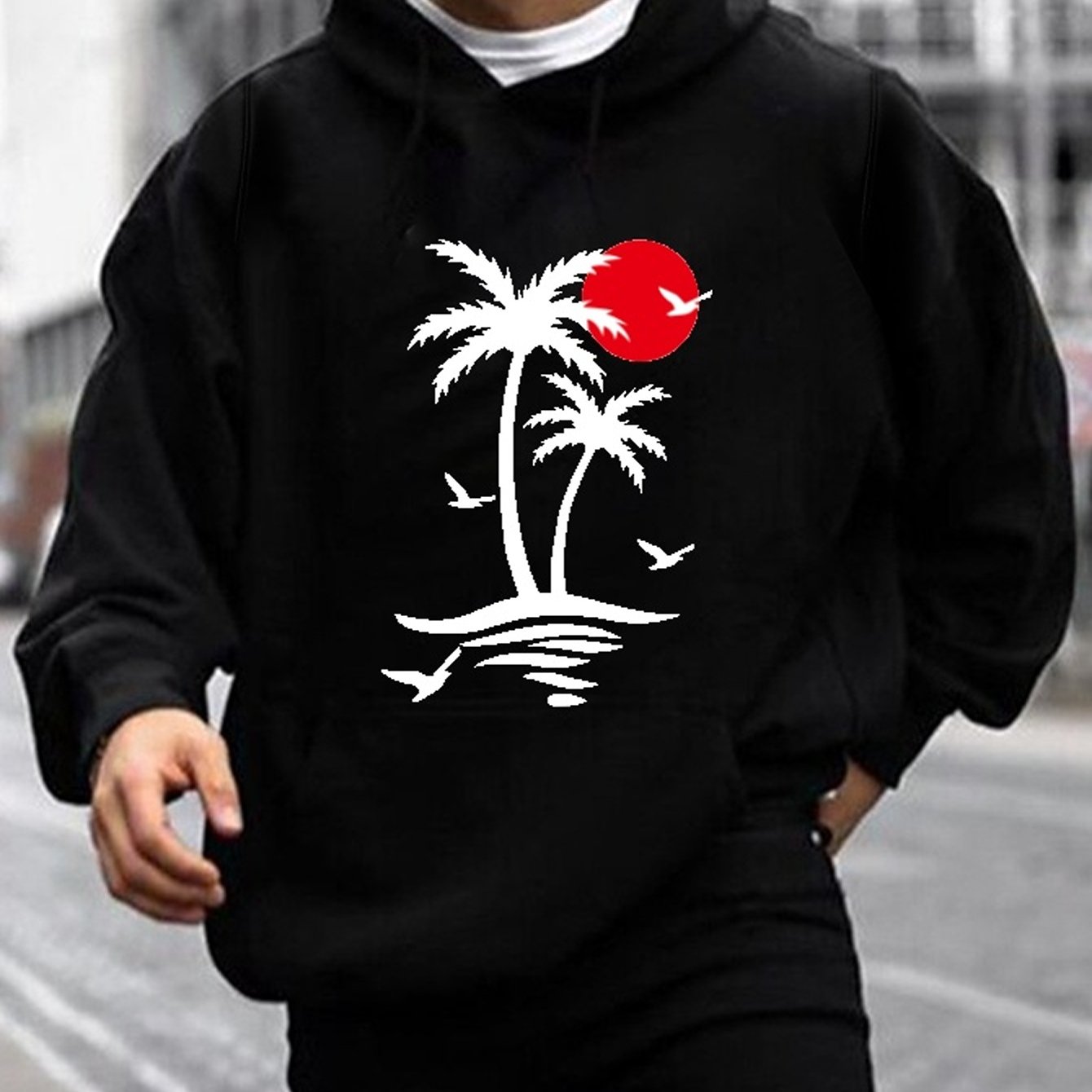 Beach Land Print Hoodie, Cool Hoodies For Men, Men's Casual Graphic Design  Pullover Hooded Sweatshirt Retro Color Block Streetwear For Winter Fall, As