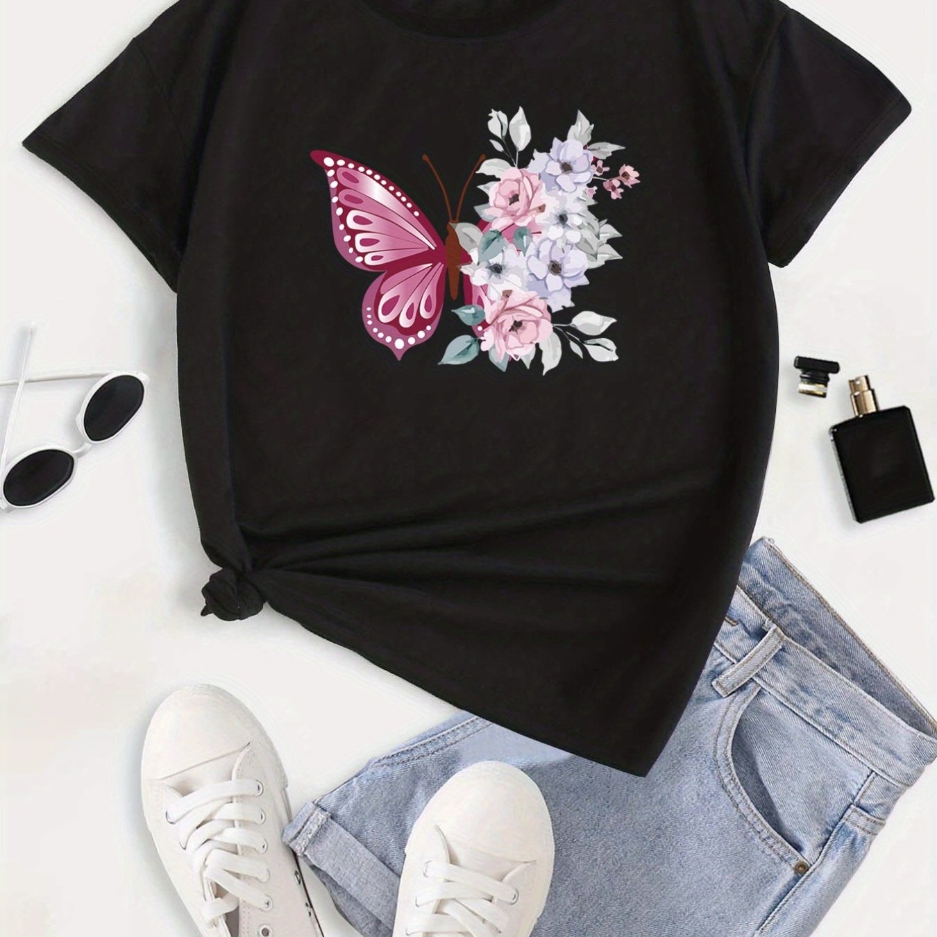 Plus Size Floral Butterfly Print Short Sleeve T shirt - Temu