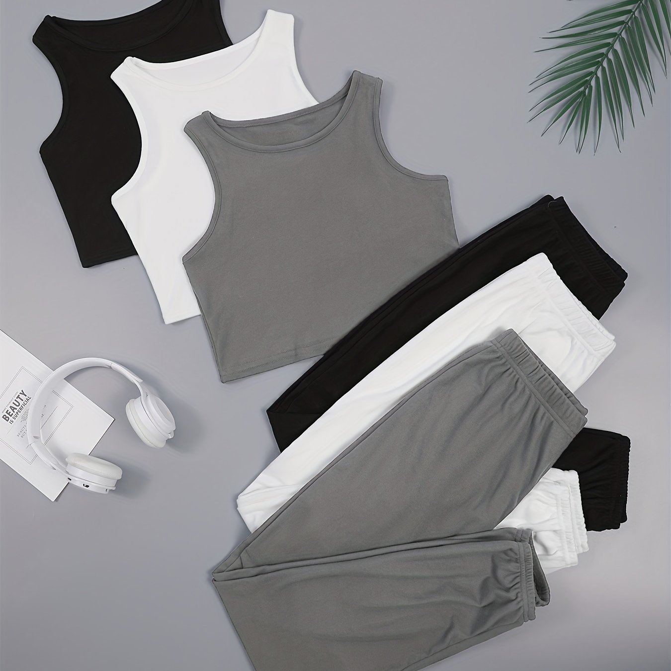 TEMU 3 Sets Simple Solid Lounge Set, Elastic Waistband Pants & Crew Neck Tank Top, Women's Loungewear & Sleepwear