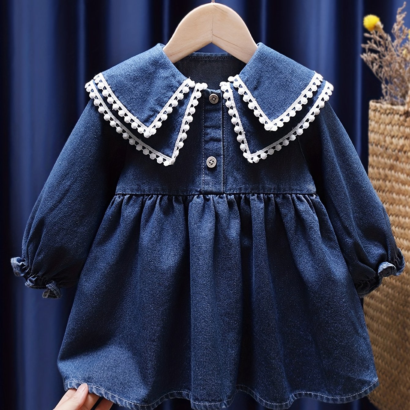 Girls Sweet Tulle Stitching Ruffle Trims Button Casual Denim