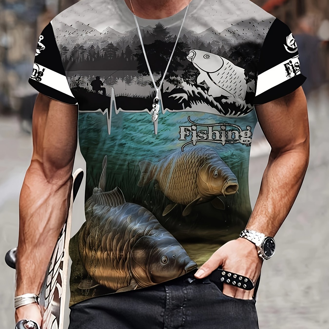 Men's 3d Fishing Print T-Shirt, Breathable Elastic Outdoor Short