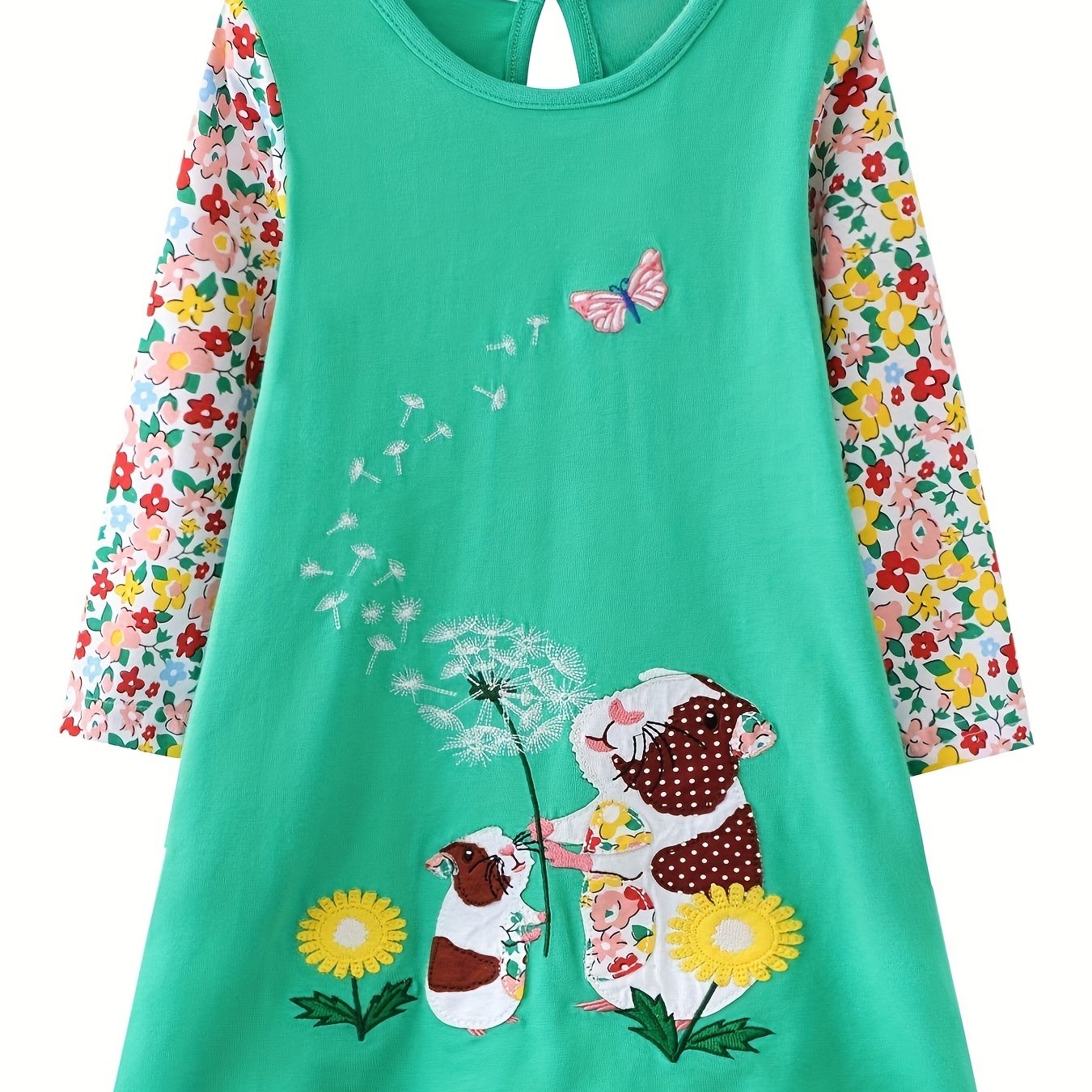 Image of Girls' Long Sleeve Dress, Spring/autumn , Cute Printed Cartoon Animal, 's Day Rabbit Pattern, Green Random Pattern, Casual Round Neck Dress
