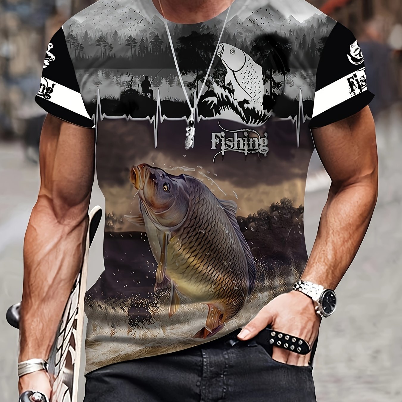 Men's Breathable Quick-Dry Fishing T-Shirt With Fish Print Gym