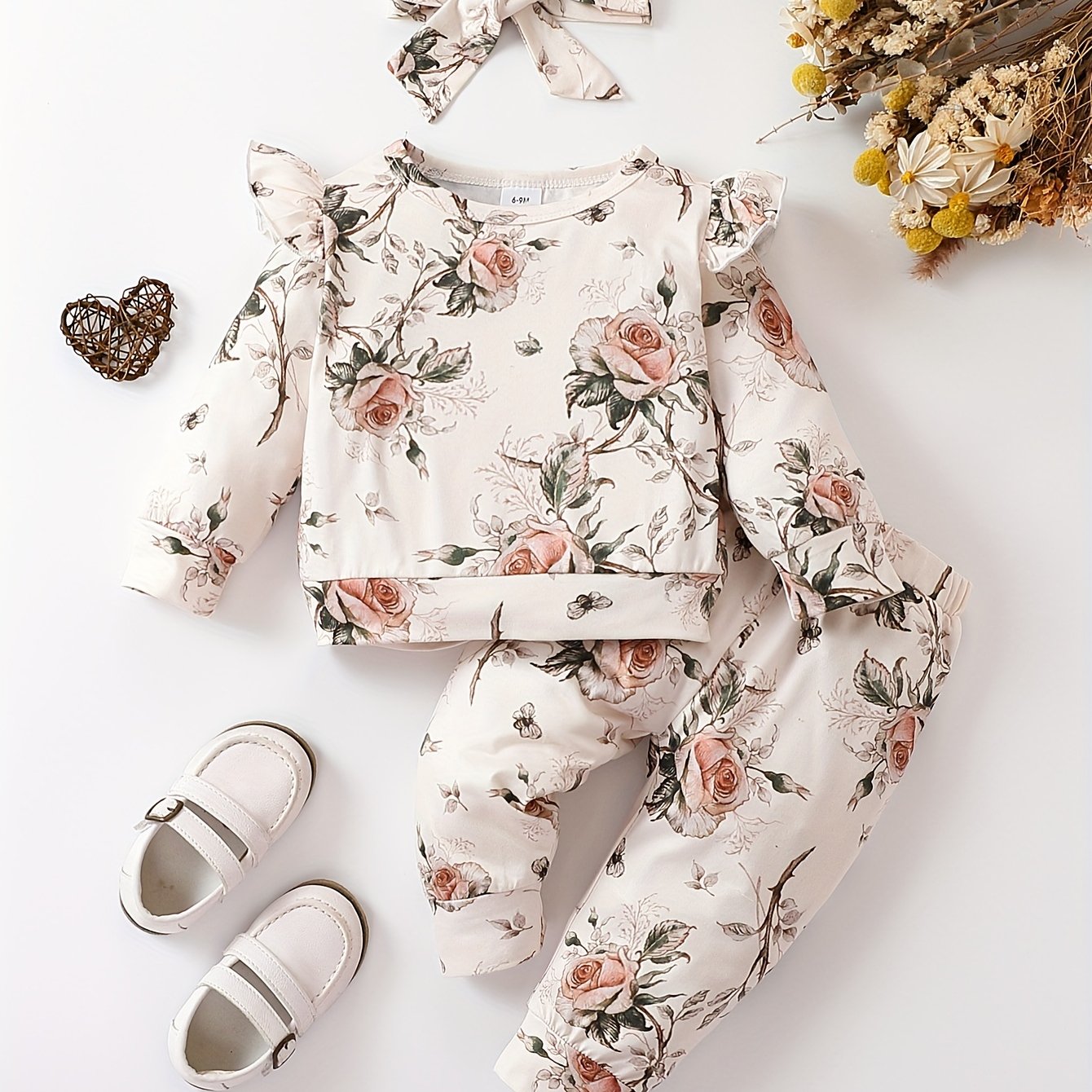 Image of Baby Girl Headband, Girls' Floral Print Long Sleeve Round Neck Top + Pants Set, Perfect For Outdoor