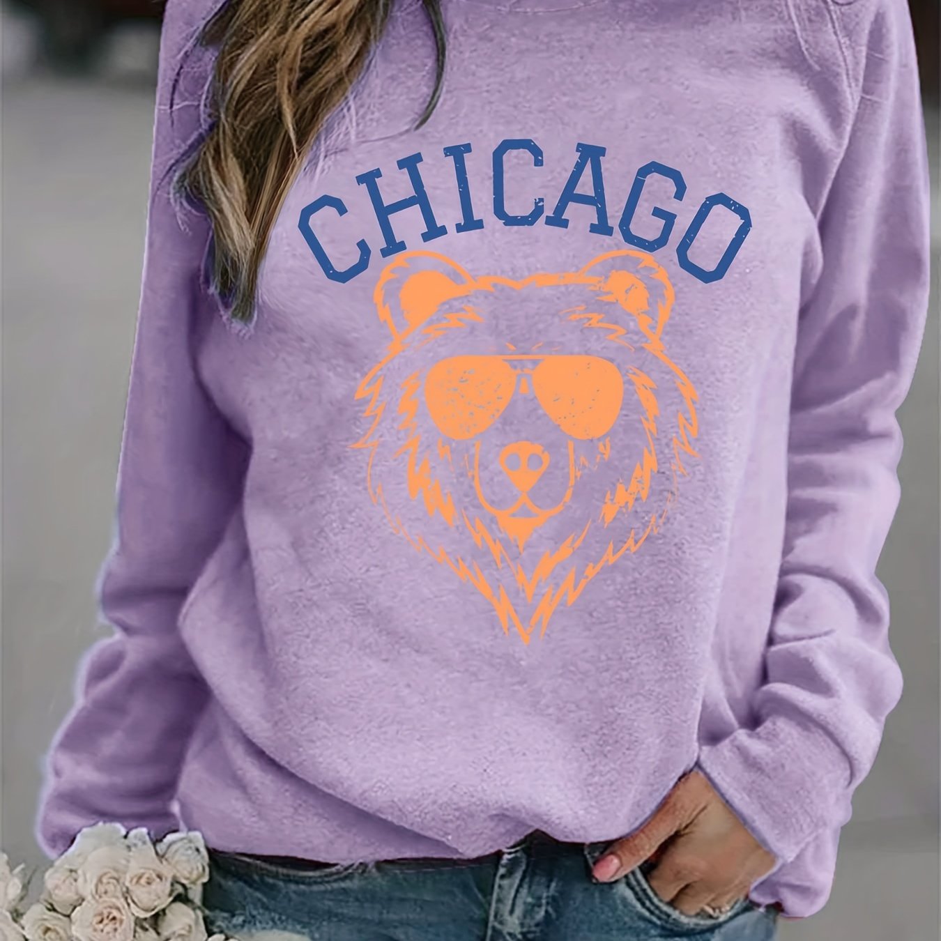 Chicago Bear Print Sweatshirt, Casual Long Sleeve Crew Neck Sweatshirt,  Women's Clothing - Temu