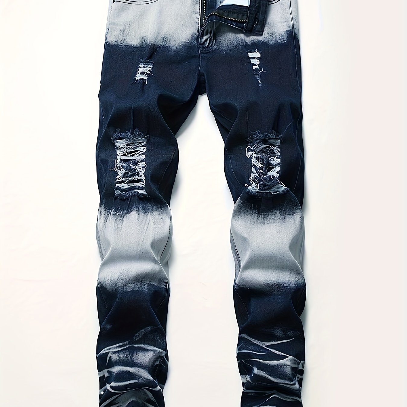 Men's Contrast-color Washed Ripped Jeans