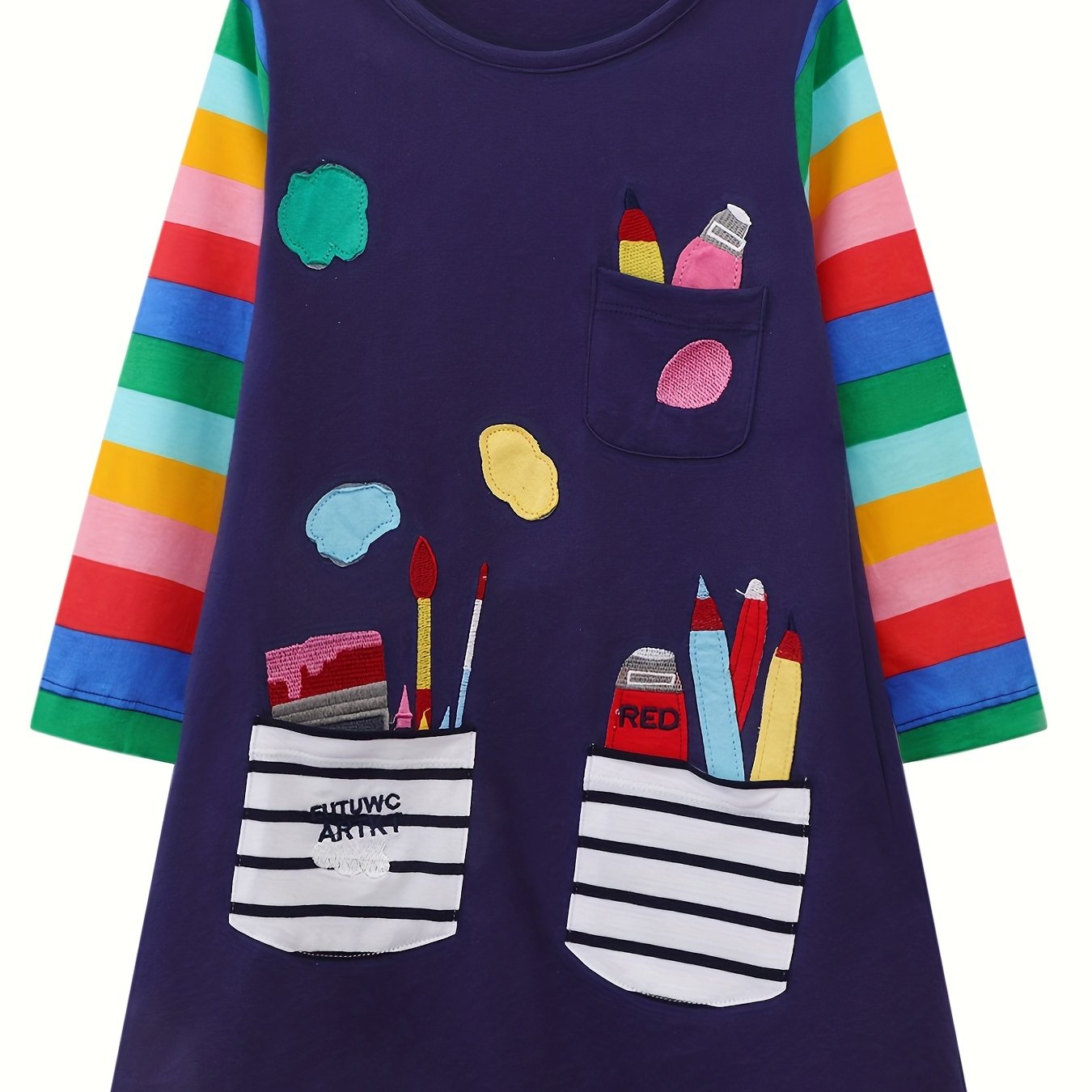 Image of Girls' Long Sleeve Dress In Navy Blue With Rainbow Stripes, Autumn/winter Christmas Style Pencil Pattern Casual Round Neck Pocket Dress
