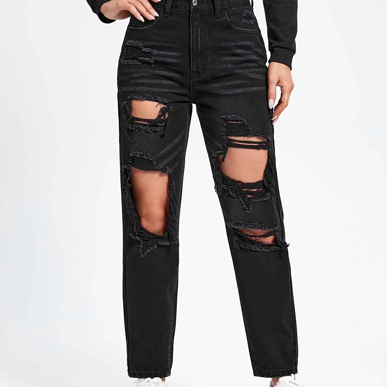 Ripped Plain Black Straight Leg Jeans, High Waisted Versatile Distressed  Denim Pants, Women's Denim Jeans & Clothing