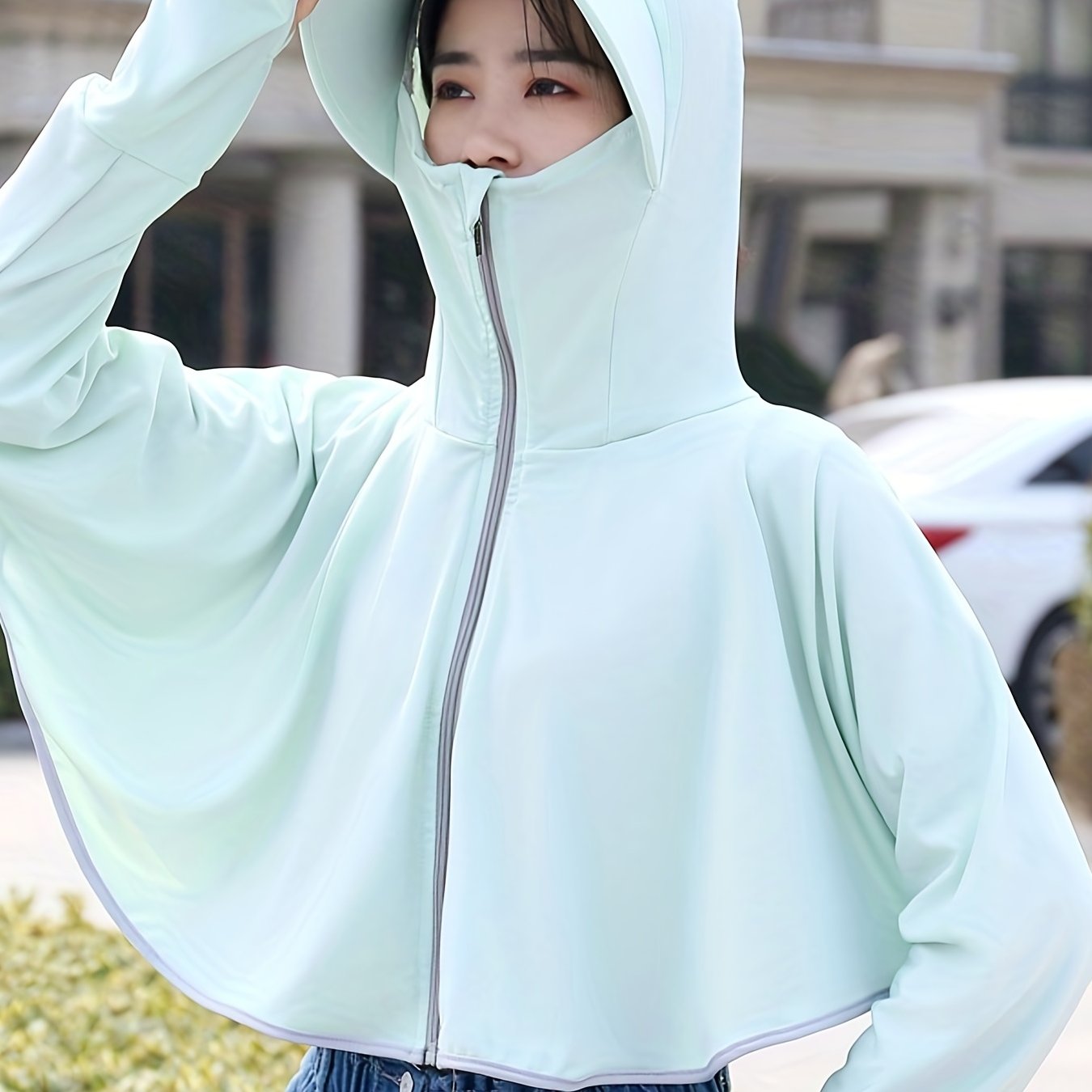 Plain Hooded Long Sleeve Sun Protection Clothing Ice Silk - Temu