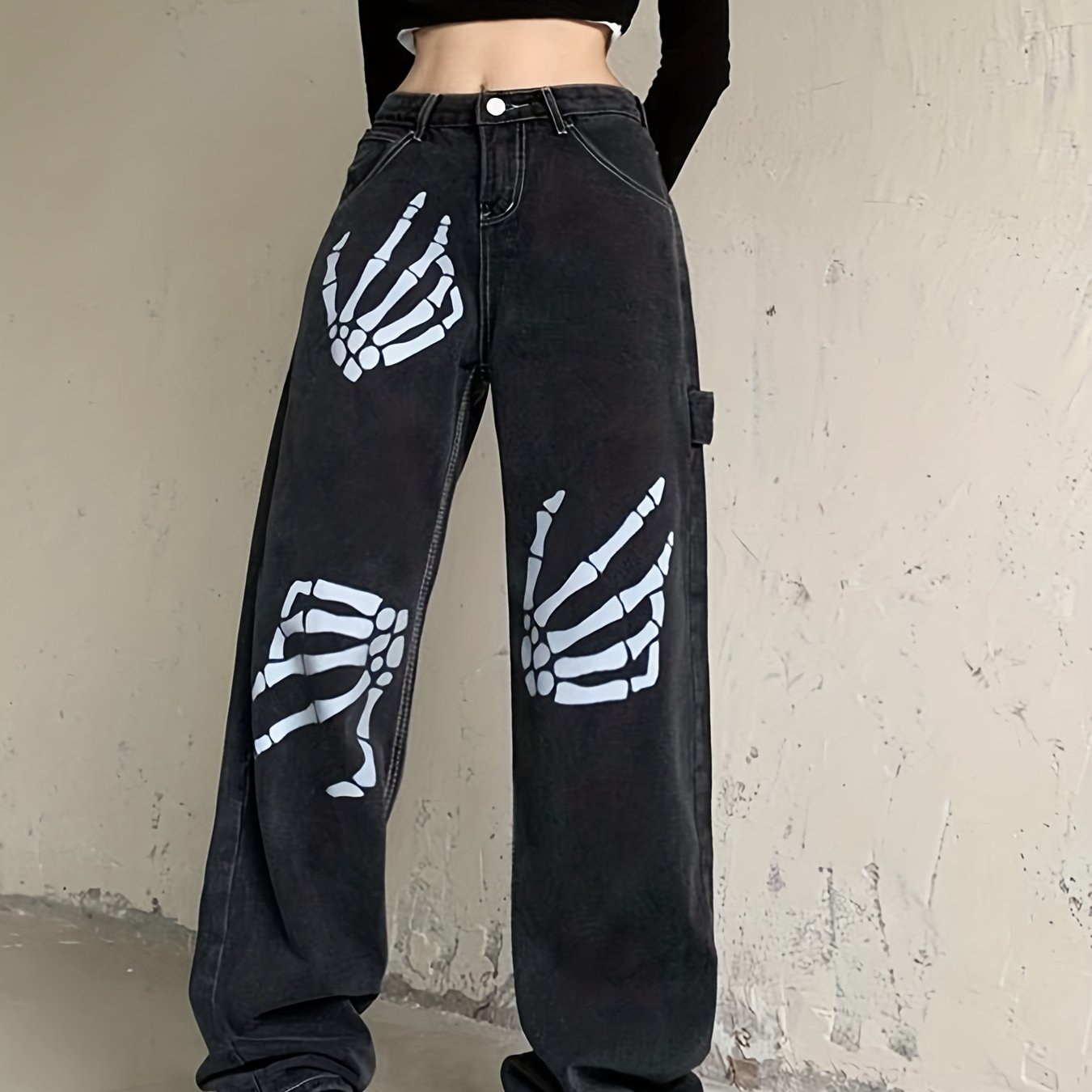 Black Hand Skeleton Print Straight Jeans, Loose Fit Slant Pockets Street  Style Boyfriend Jeans, Halloween Women's Denim Jeans & Clothing