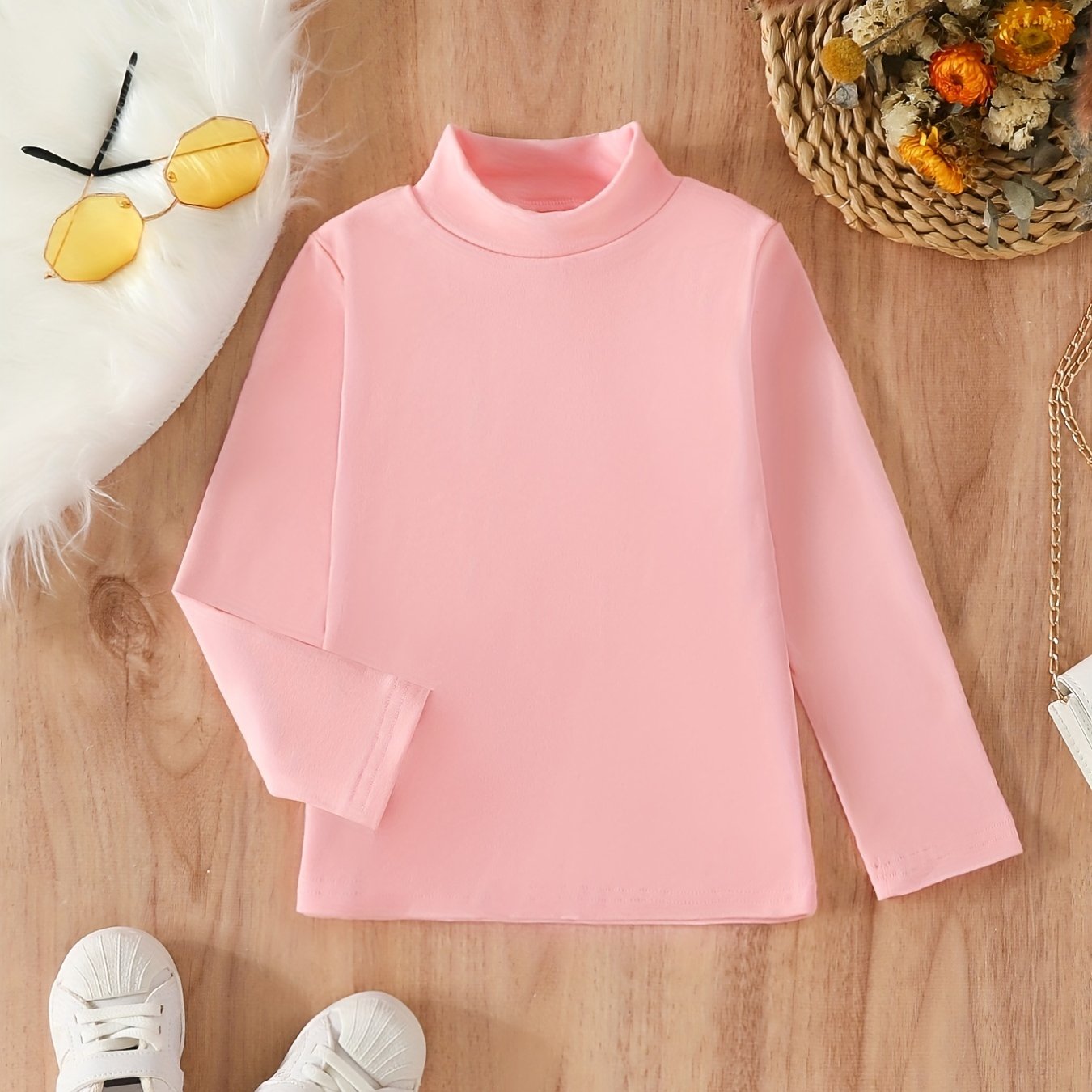 Girls Thermal Mock Neck Long Sleeve T Shirt Plain Color Soft