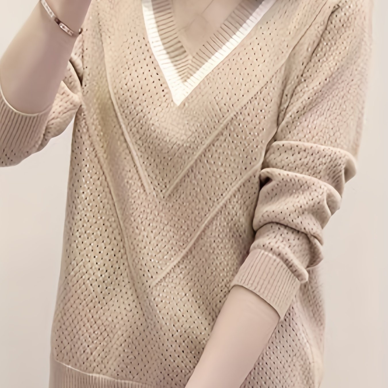 Cute Lifestyle Cream Pointelle Knit V-Neck Sweater Top