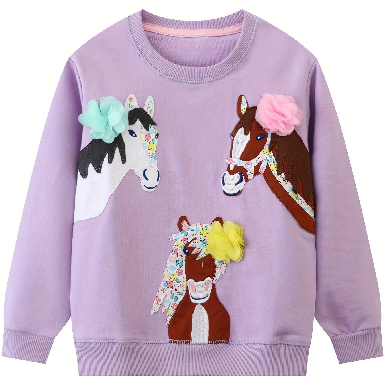 Image of Girls' Long-sleeved Sweatshirt Casual Comfortable Autumn Winter Top Cartoon Embroidered Applique Unicorn Round Neck Jumper Clothing
