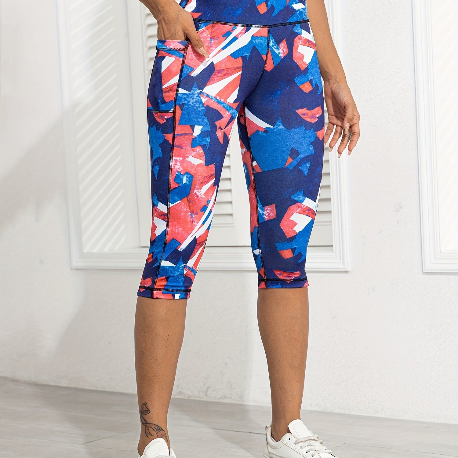 Geometric Color Block Capri Leggings Wth Side Pocket High - Temu