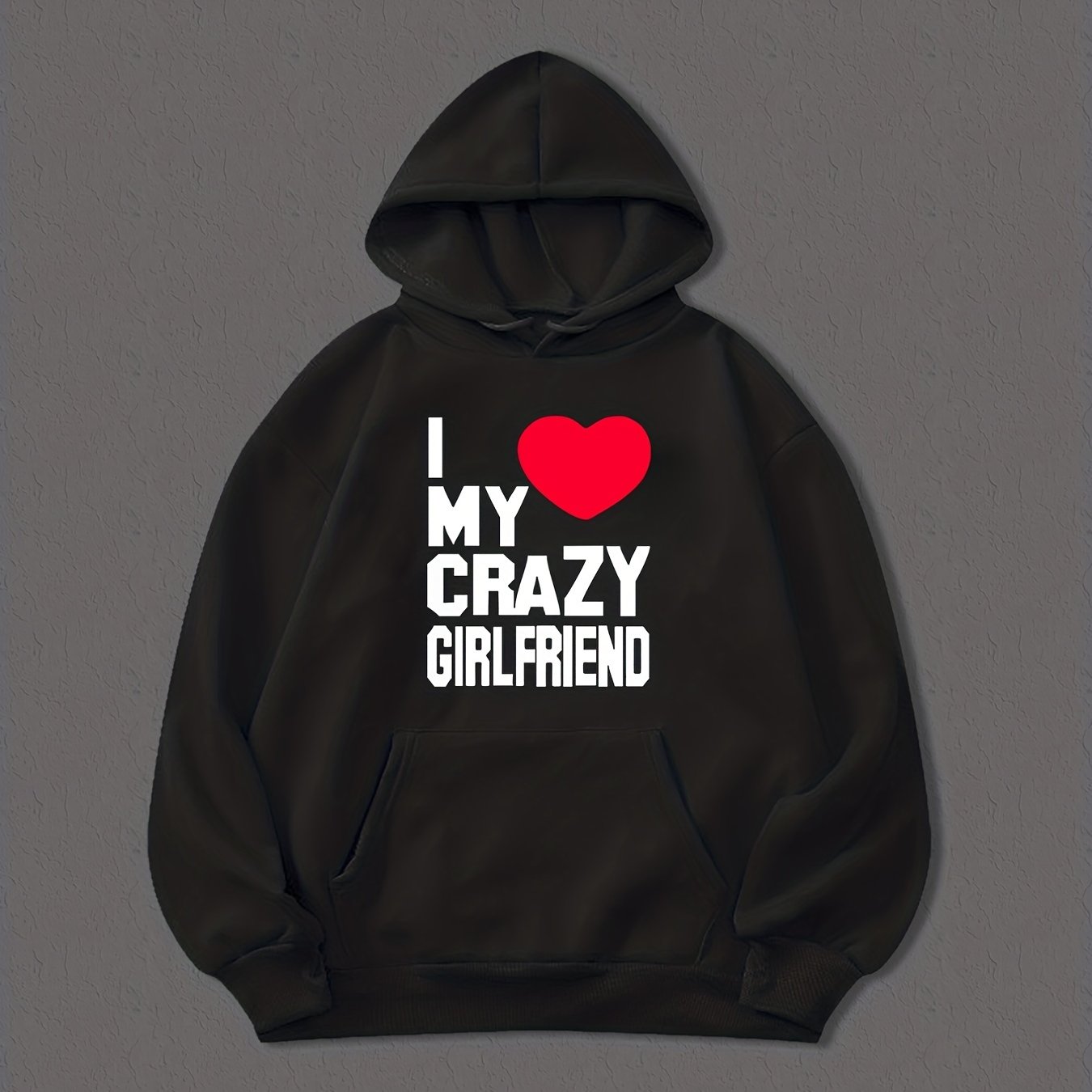 TEMU Sweatshirt with a humorous 'I Heart My Girlfriend' print, stylish hoodies for men, men's casual pullover with unique graphic design and kangaroo