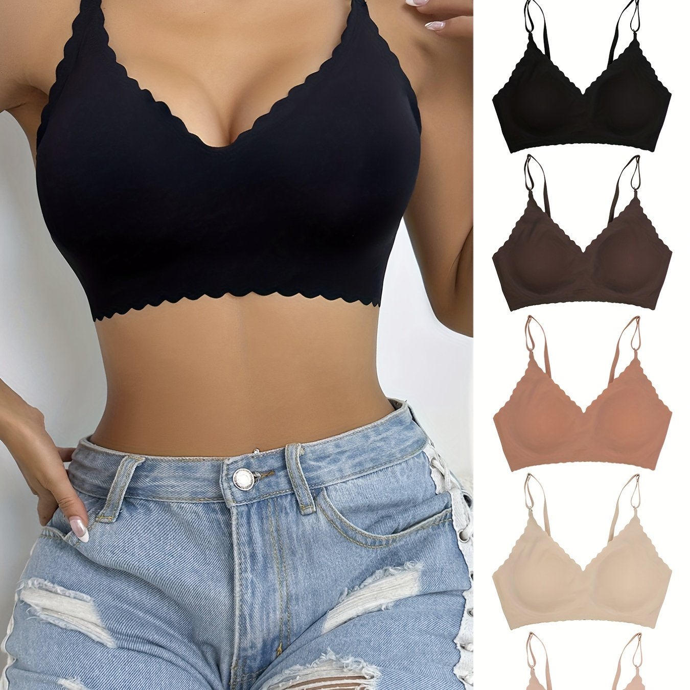 Scallop Trim Wireless Bra Comfy Breathable Seamless Everyday - Temu