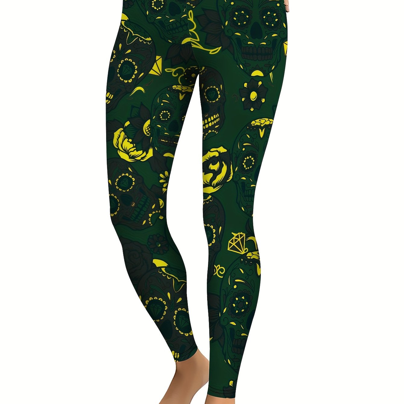 Halloween Skull & Flower Print High Waist Leggings, Fashion Stretchy Yoga  Fitness Workout Sports Tights, Women's Activewear