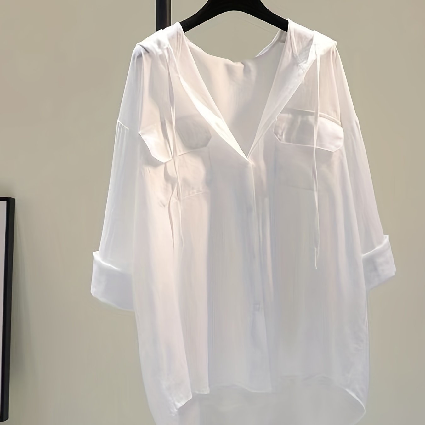 TEMU Solid Pocket Button Hooded Blouse, Casual Drawstring Blouse For Spring & Summer, Women's Clothing