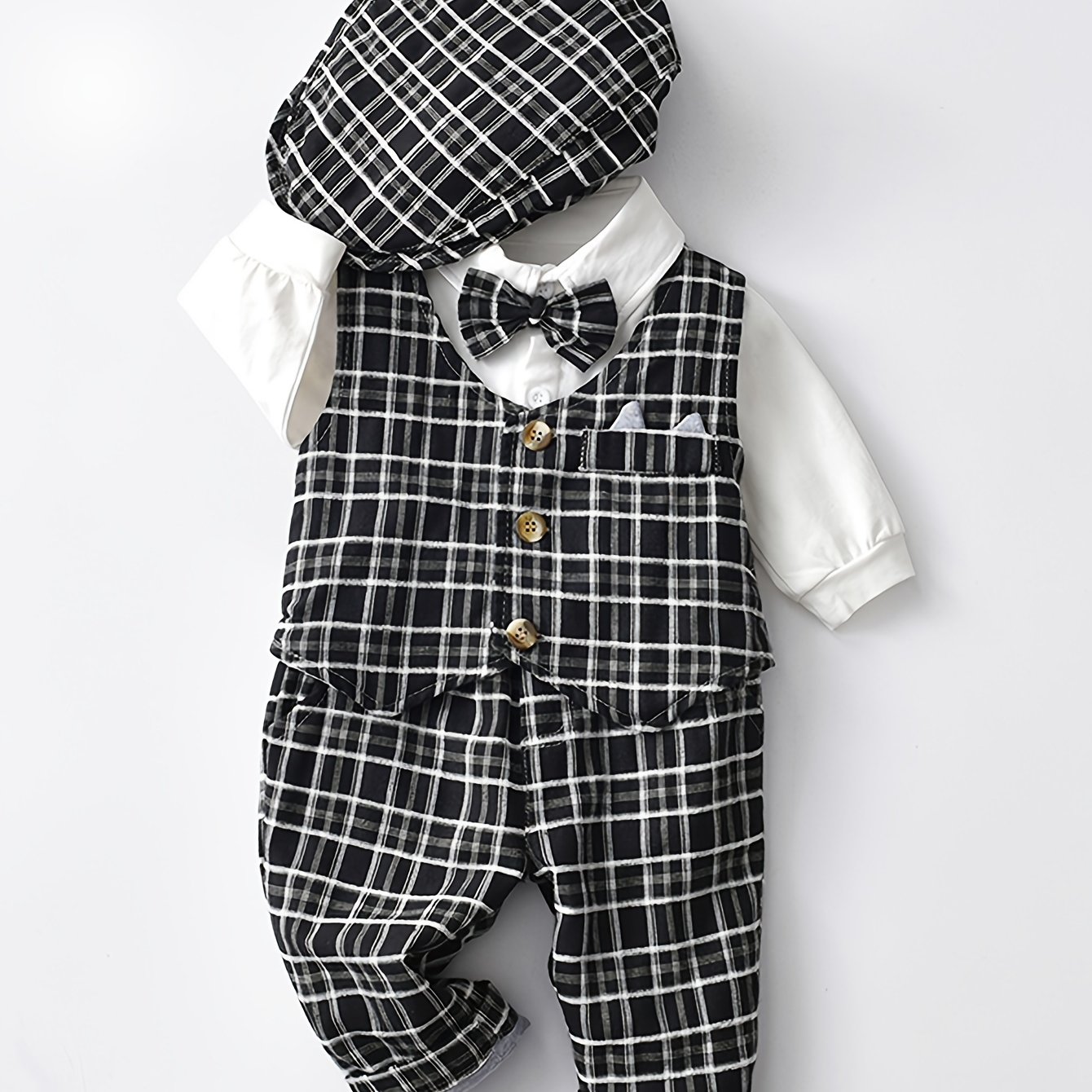 TEMU Gentleman Style Cotton Outfit - Lapel Bow Fake Two- Vest + Pants + Hat 3pcs Suit - Birthday Wedding Up Outdoor Set