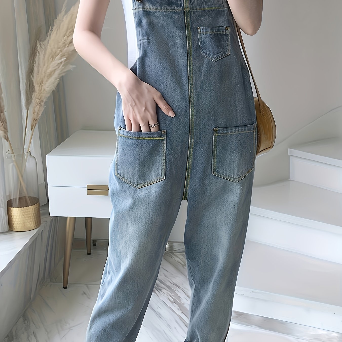 Blue Adjustable Straps Denim Jumpsuit, High Stretch Slim Fit Slant Pockets Denim  Overalls, Women's Denim Clothing - Temu