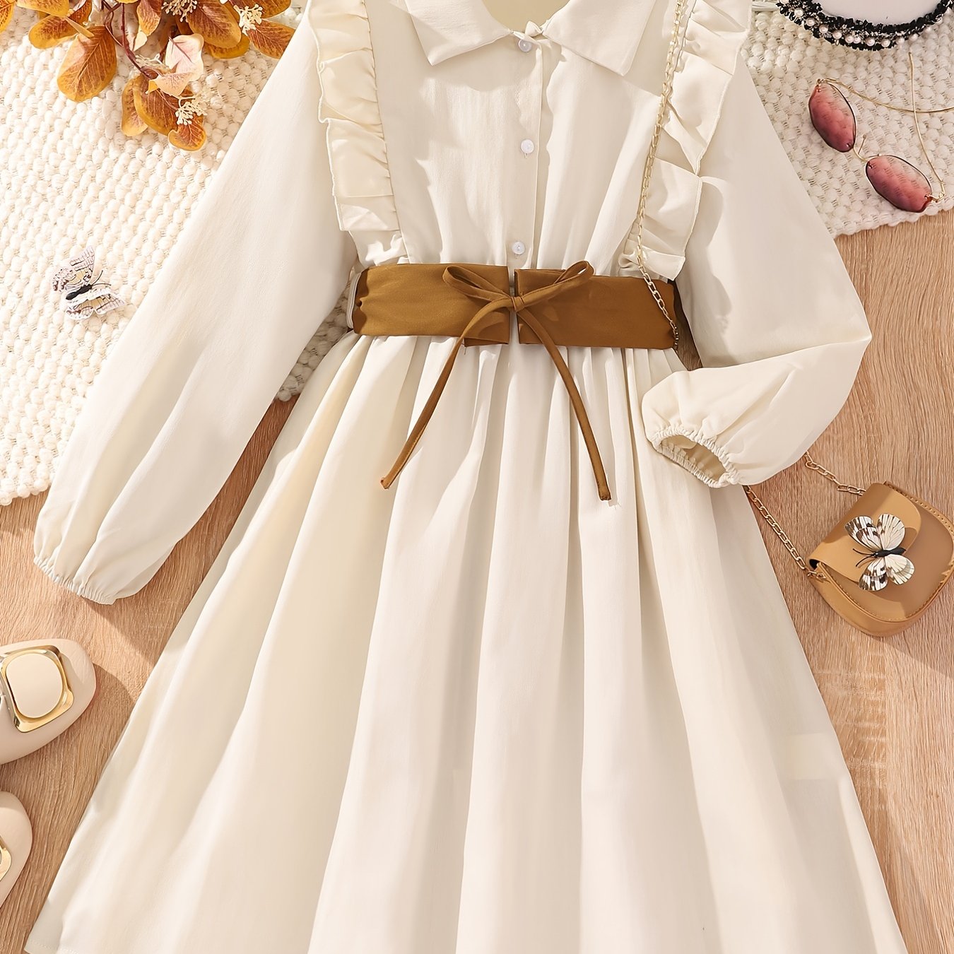 Girl's Casual Dress Button Collar Belted Pleated A Line Midi Dress Long  Sleeve Ruffle Trim Shirt Dresses