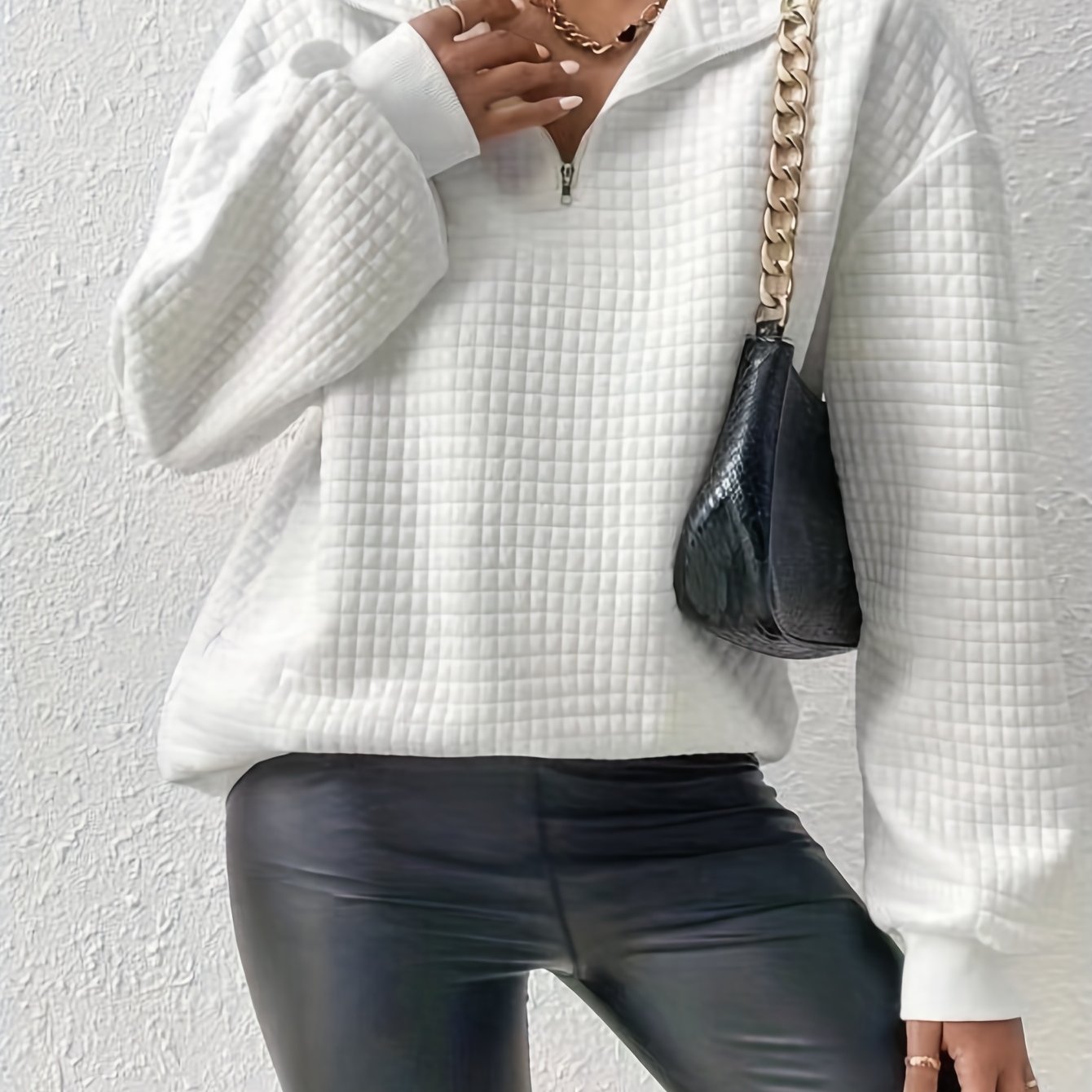 E-shop Waffelgitter-Pullover Mit Viertelreißverschluss, Lässiges Langarm-Revers-Sweatshirt Für Herbst Und Winter, Damenbekleidung