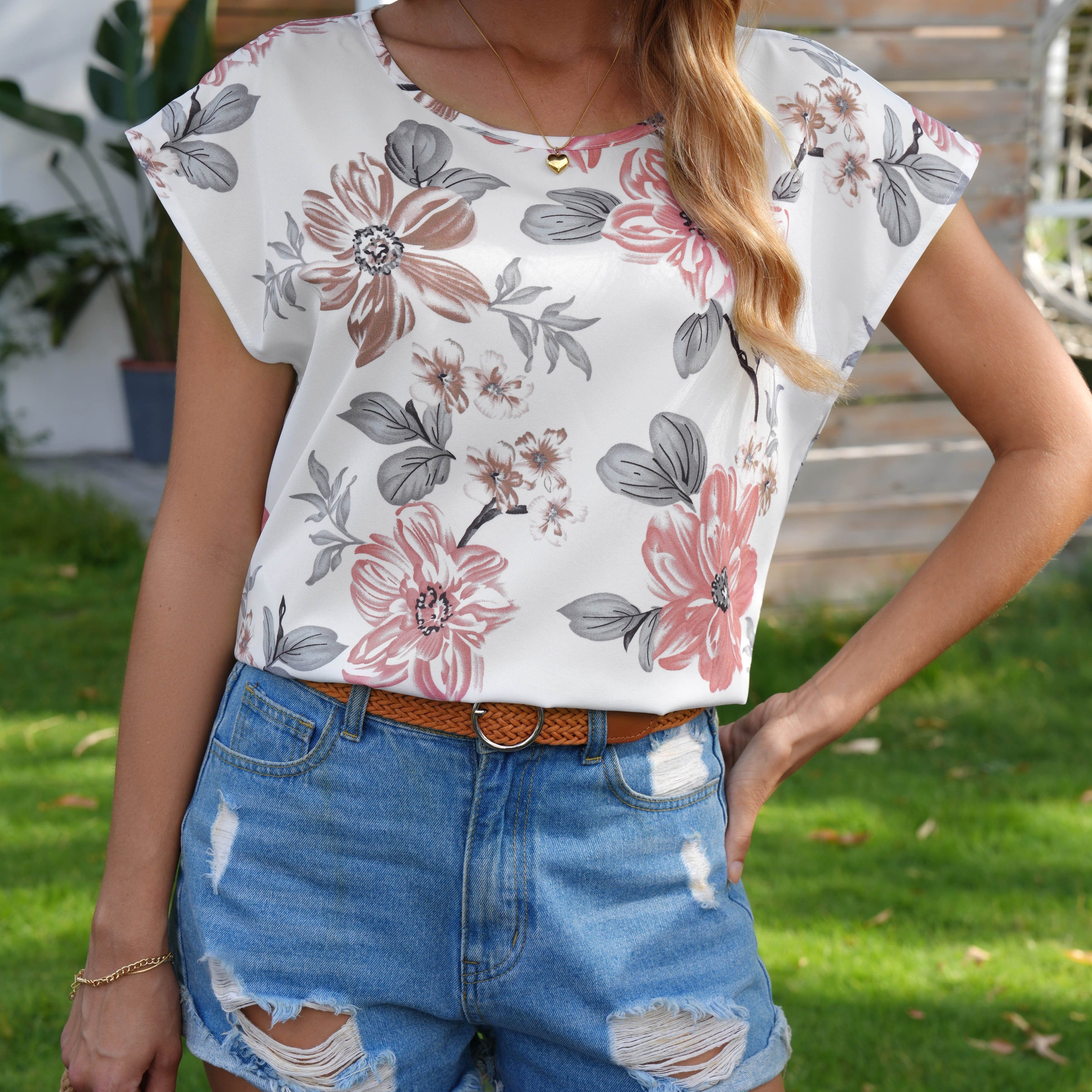 floral print crew neck blouse casual short sleeve blouse for spring summer womens clothing