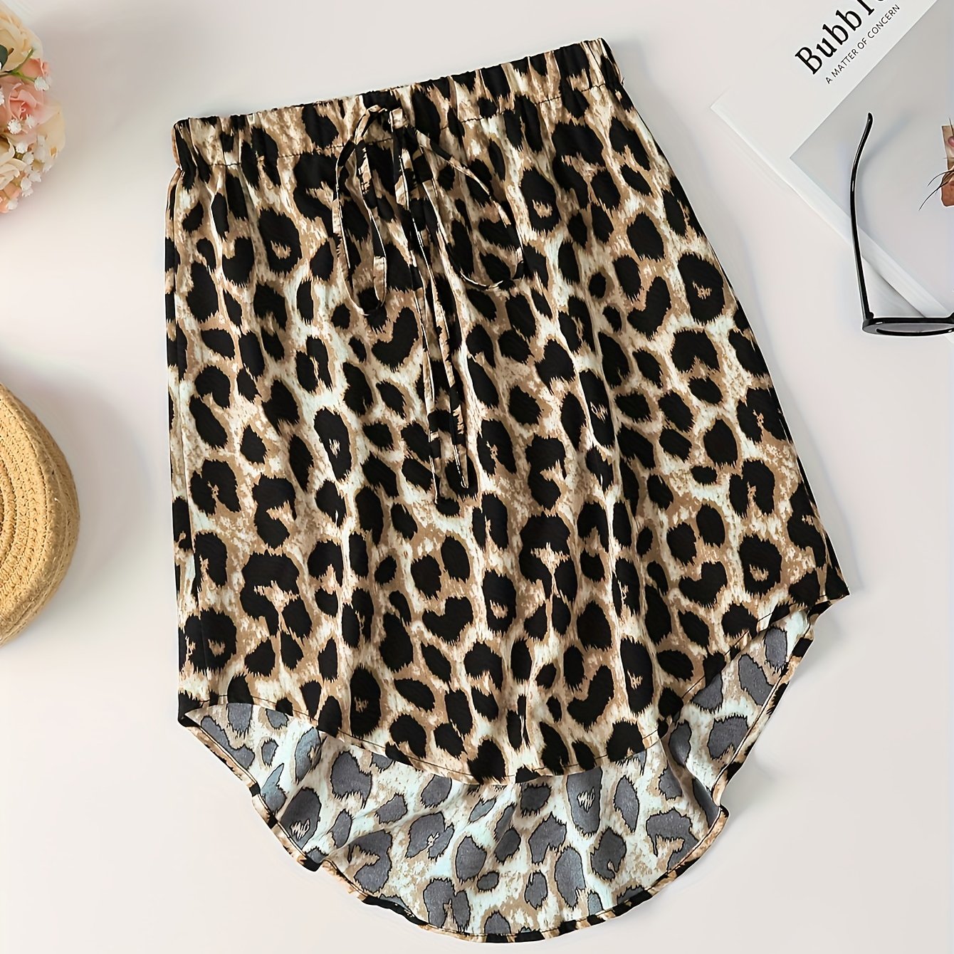 Leopard Print Hem Skirts, Casual Comfy Skirts With Drawstring Deco, Women's Clothing