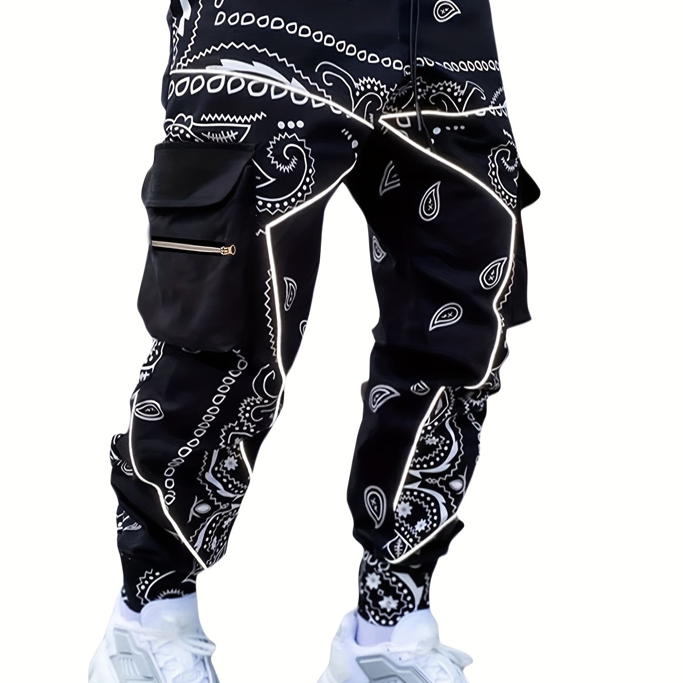 TEMU Trendy Paisley Pattern Multi Flap Pockets Cargo Pants, Men's Casual Techwear Drawstring Cargo Pants Hip Hop Joggers For Autumn Summer Outdoor