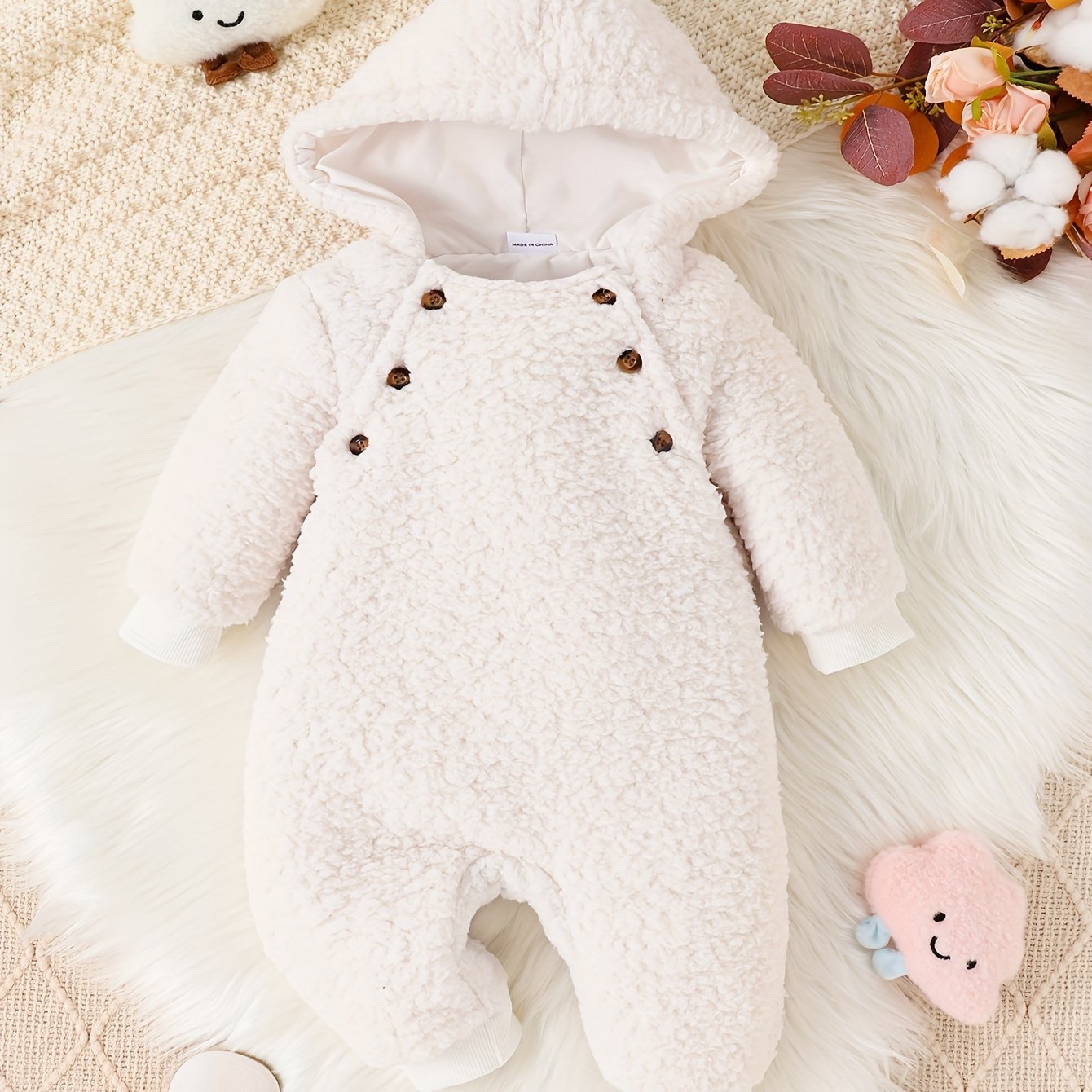 Image of Autumn And Winter Baby Girls Boys Warm Onesie Cute Furry Outdoor Hooded Jumpsuit
