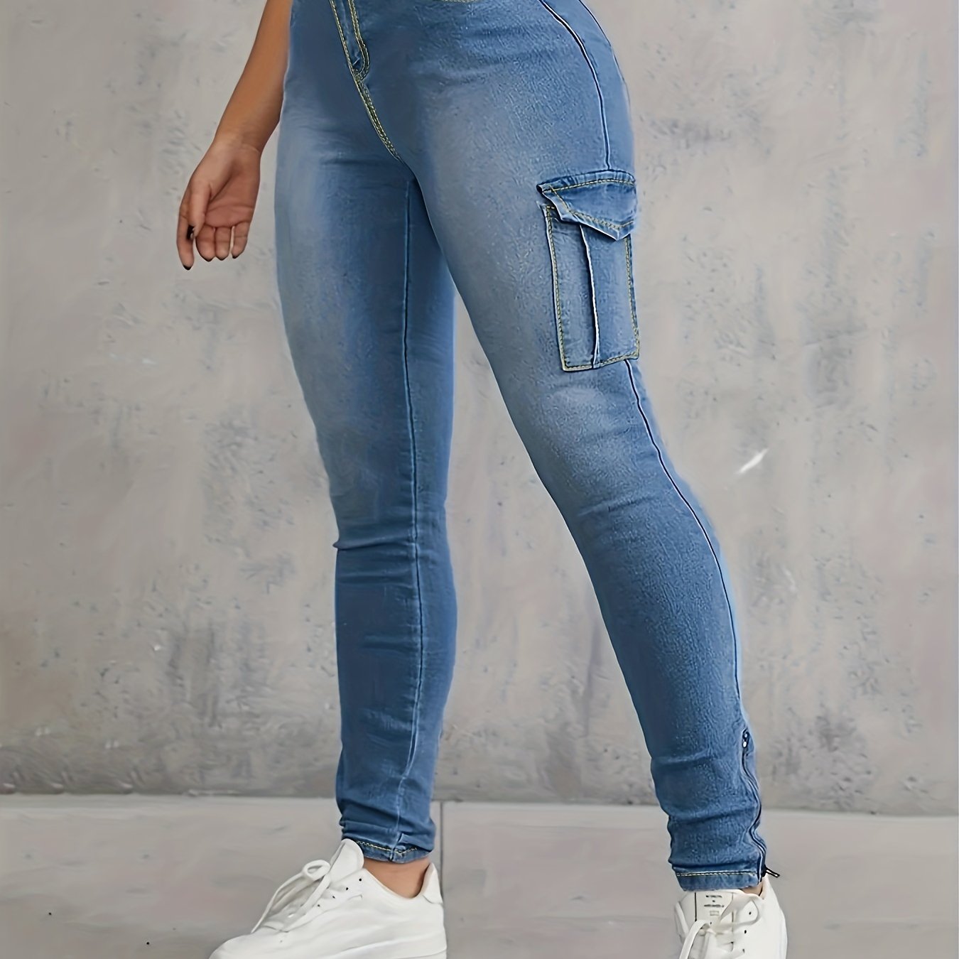 Blue Elastic Waist Skinny Jeans, Slim Fit High-Stretch Flap Pockets Cargo  Denim Pants, Y2K & Kpop Style, Women's Denim Jeans & Clothing