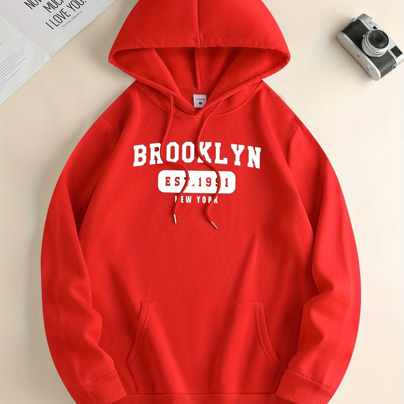 men's trendy brooklyn graphic hoodie casual brown drawstring