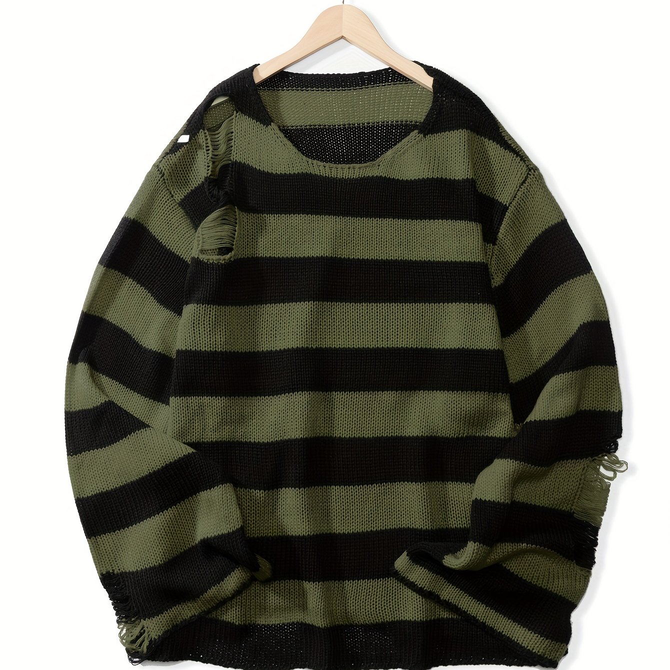 Men's Striped Knit Sweater With Distressed Details - Casual Round Neck Pullover, Machine Washable , Regular Fit, Knitted Sweater, Comfortable Pullover, Durable Fabric