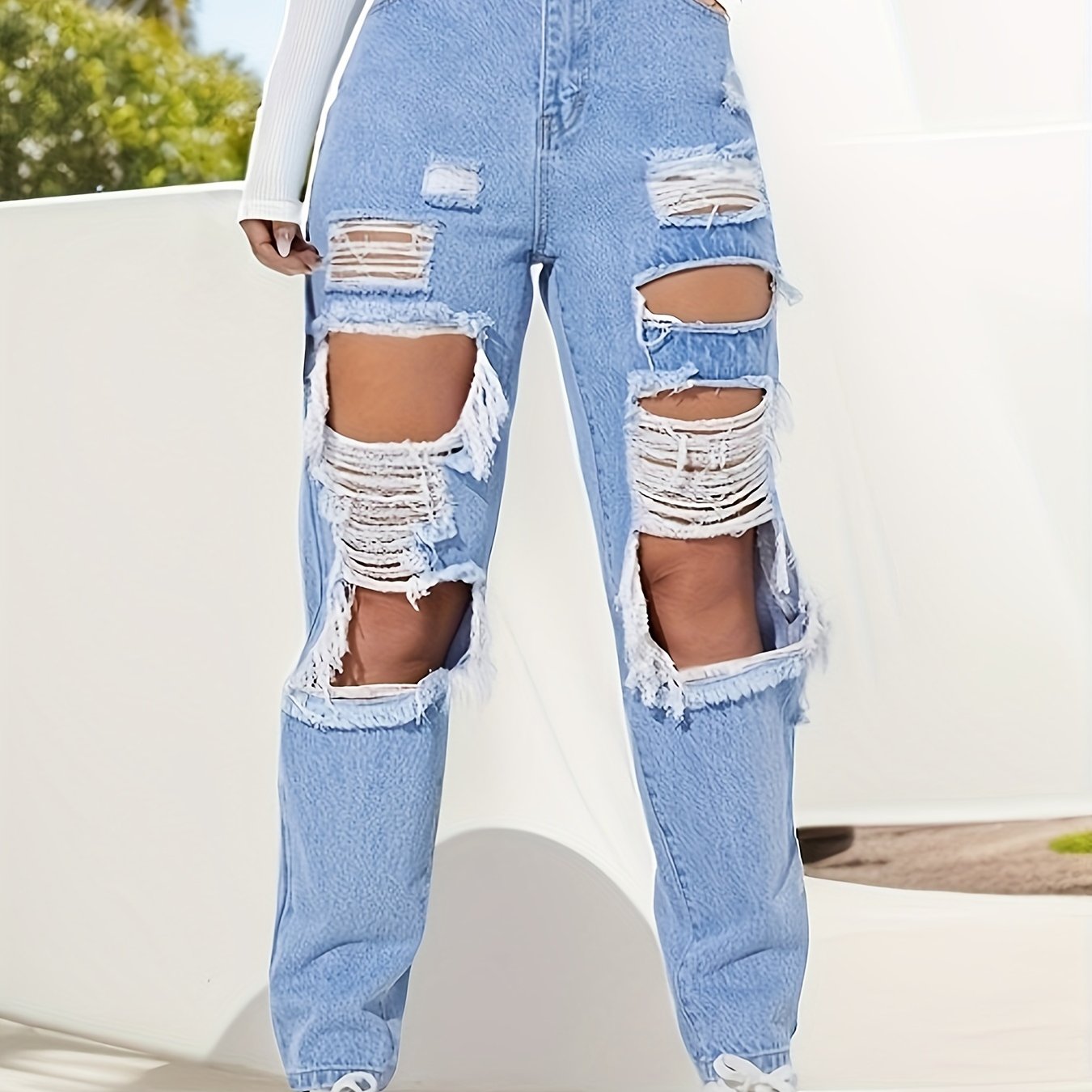 Ripped Knee Cut Destroyed Straight Leg Jeans High Light - Temu New