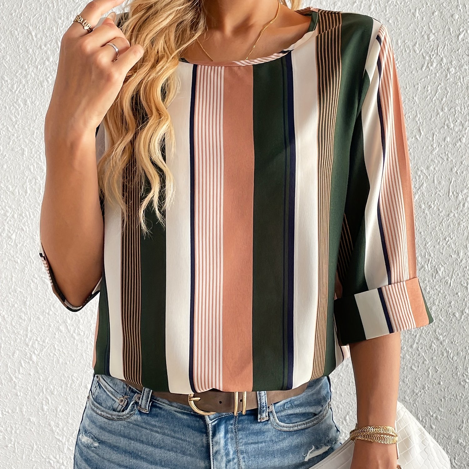 TEMU Striped Print 3/4 Sleeve Blouse, Casual Crew Neck Versatile Blouse, Women's Clothing