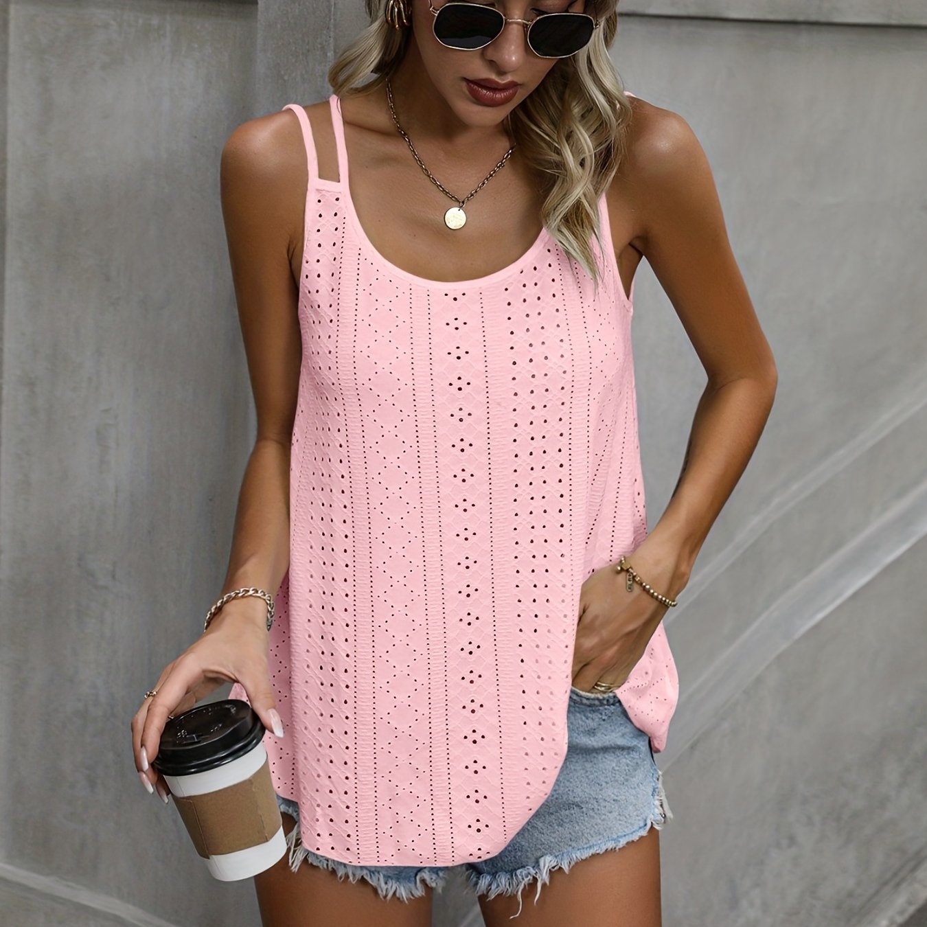 Women's Casual Sleeveless Round Neck Tank Top With Cut-out Details - Olive Green Stretchy, Machine Washable, Spring Summer Fall Versatile Wear